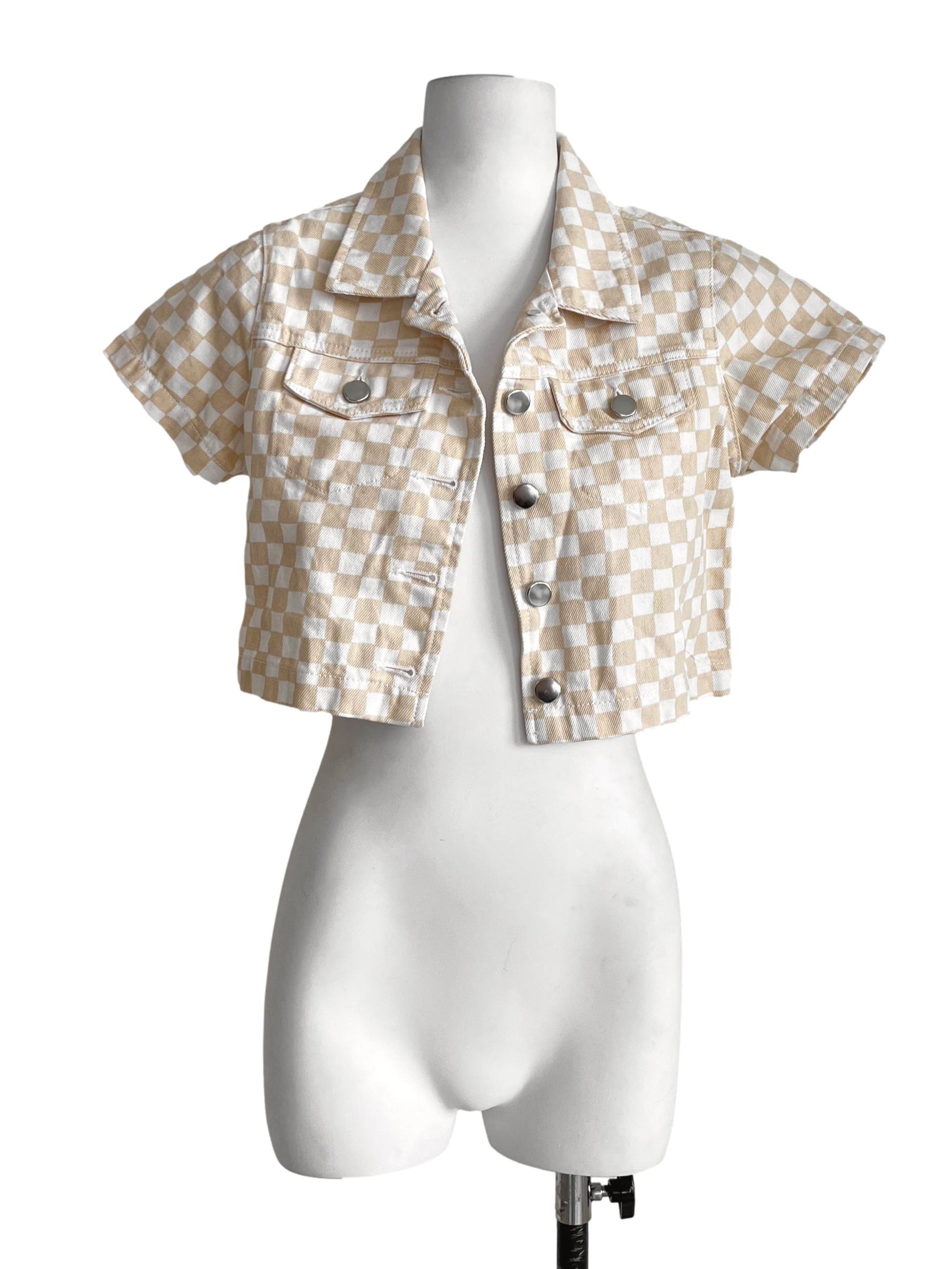 Cream White Checkered Cropped Jacket