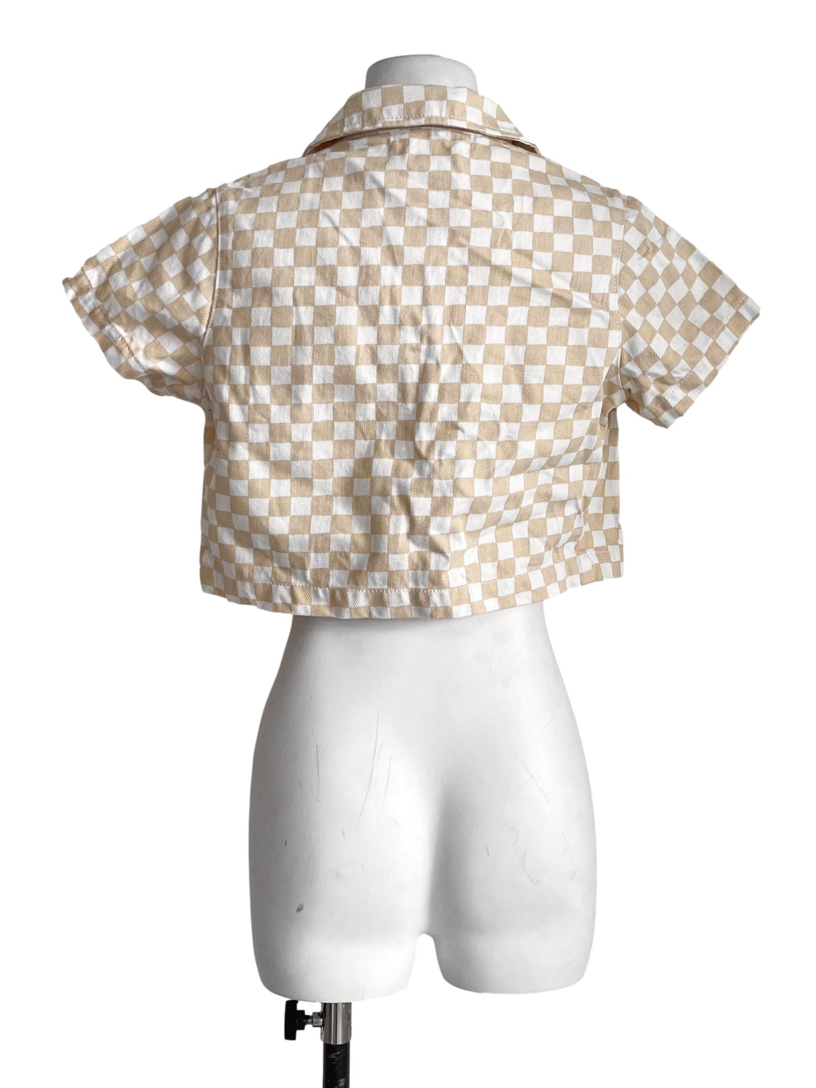 Cream White Checkered Cropped Jacket