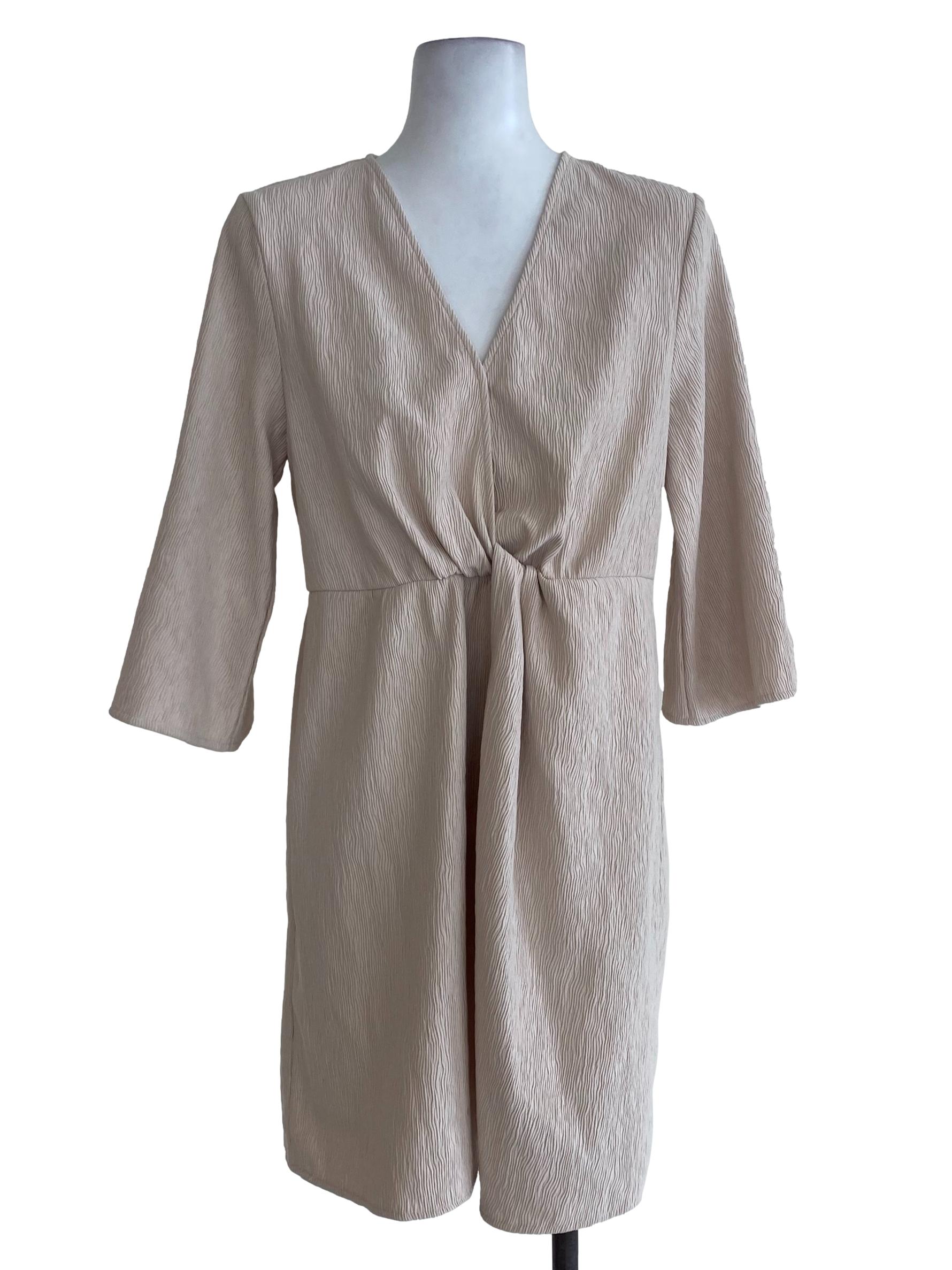 Beige Textured Blouson Dress