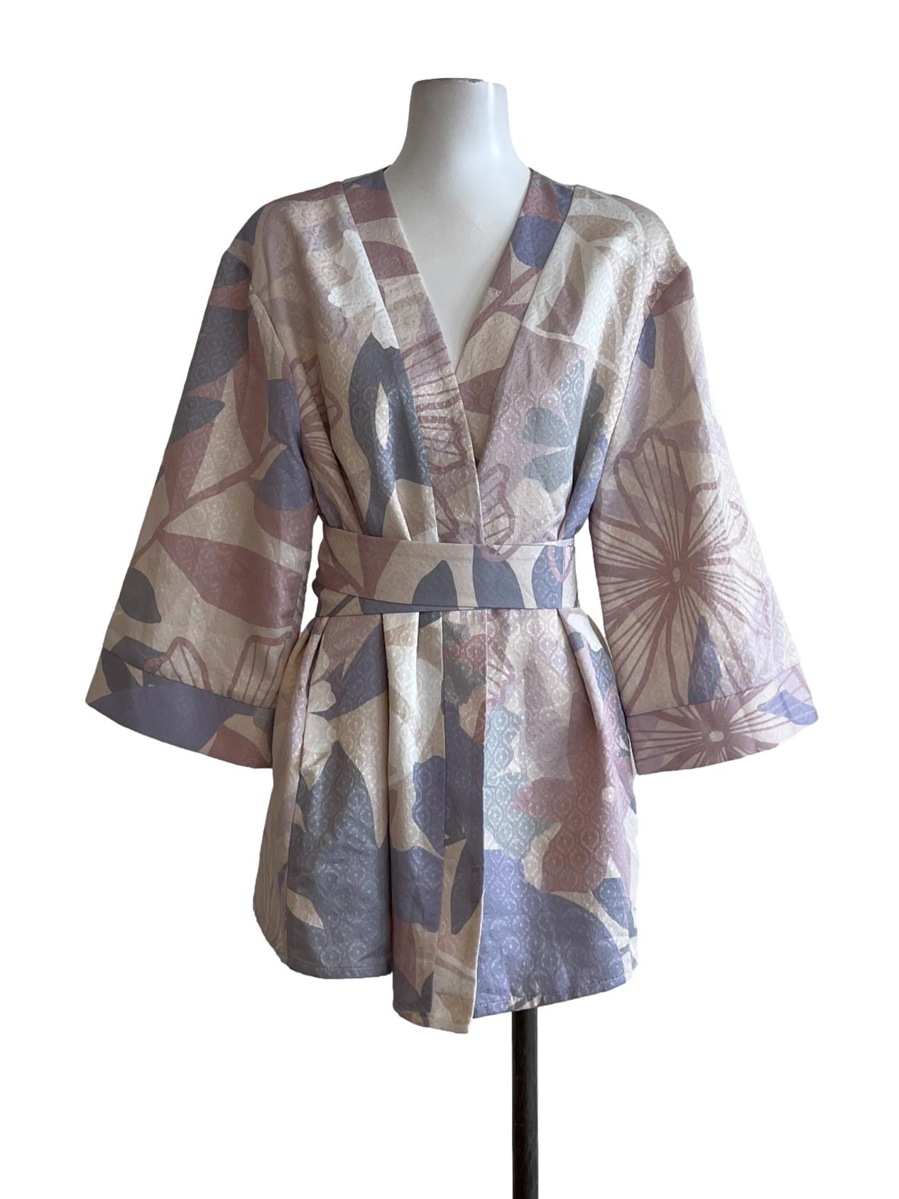 Beige Pink Blue Floral V-Neck Kimono