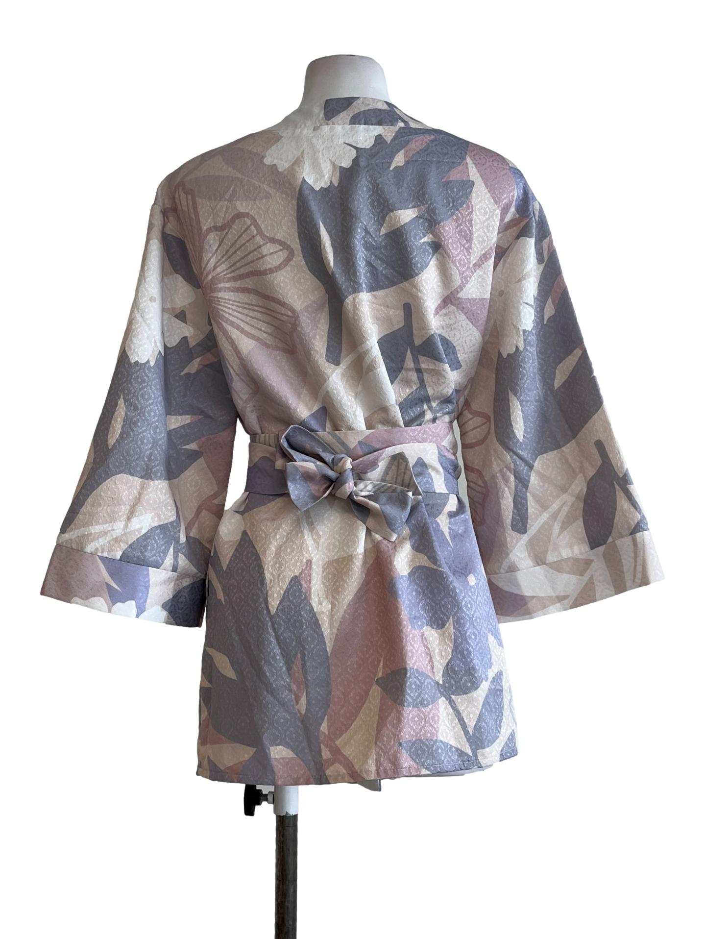 Beige Pink Blue Floral V-Neck Kimono