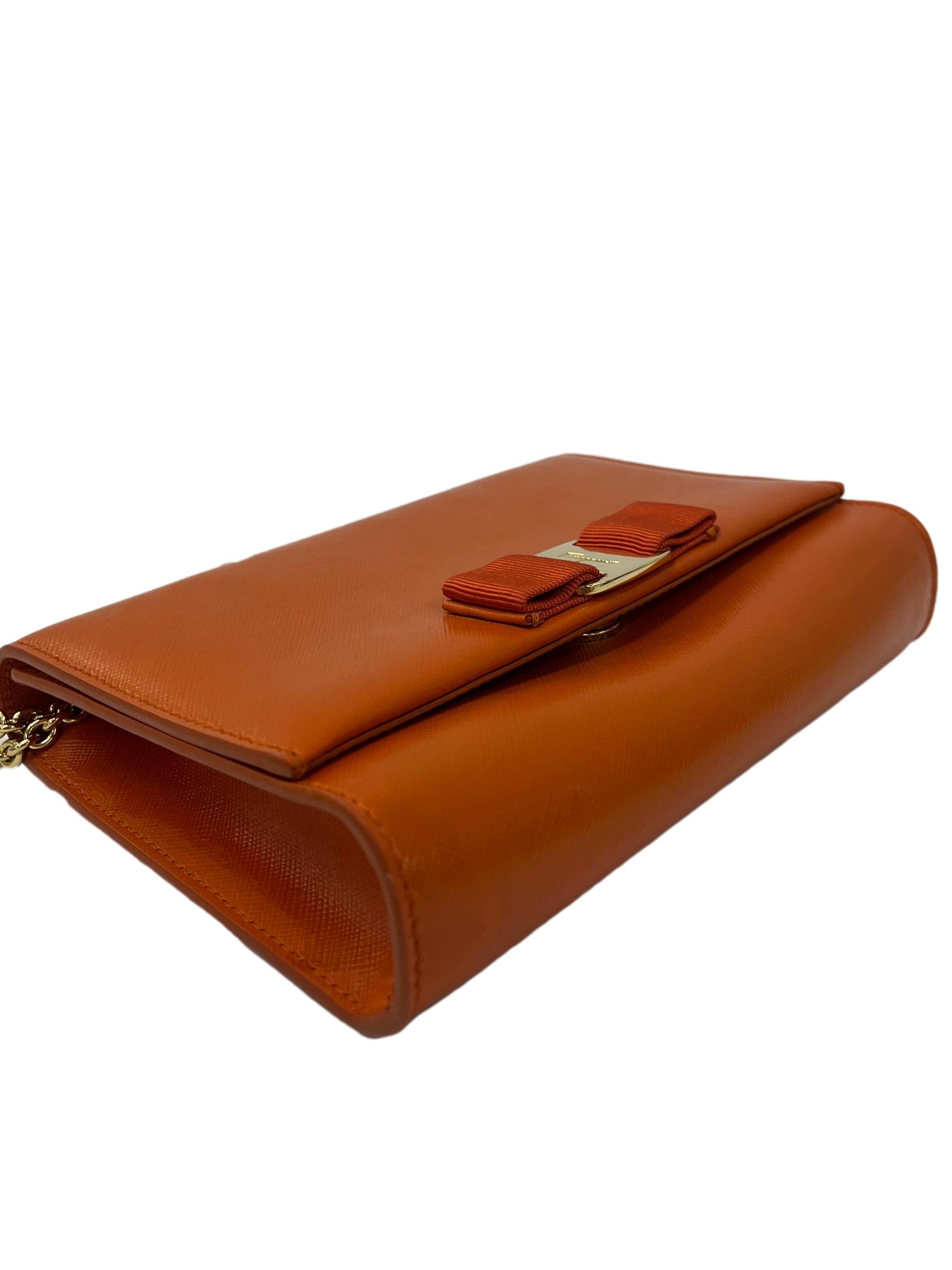 Orange Leather Vara Ribbon Chain Shoulder Bag