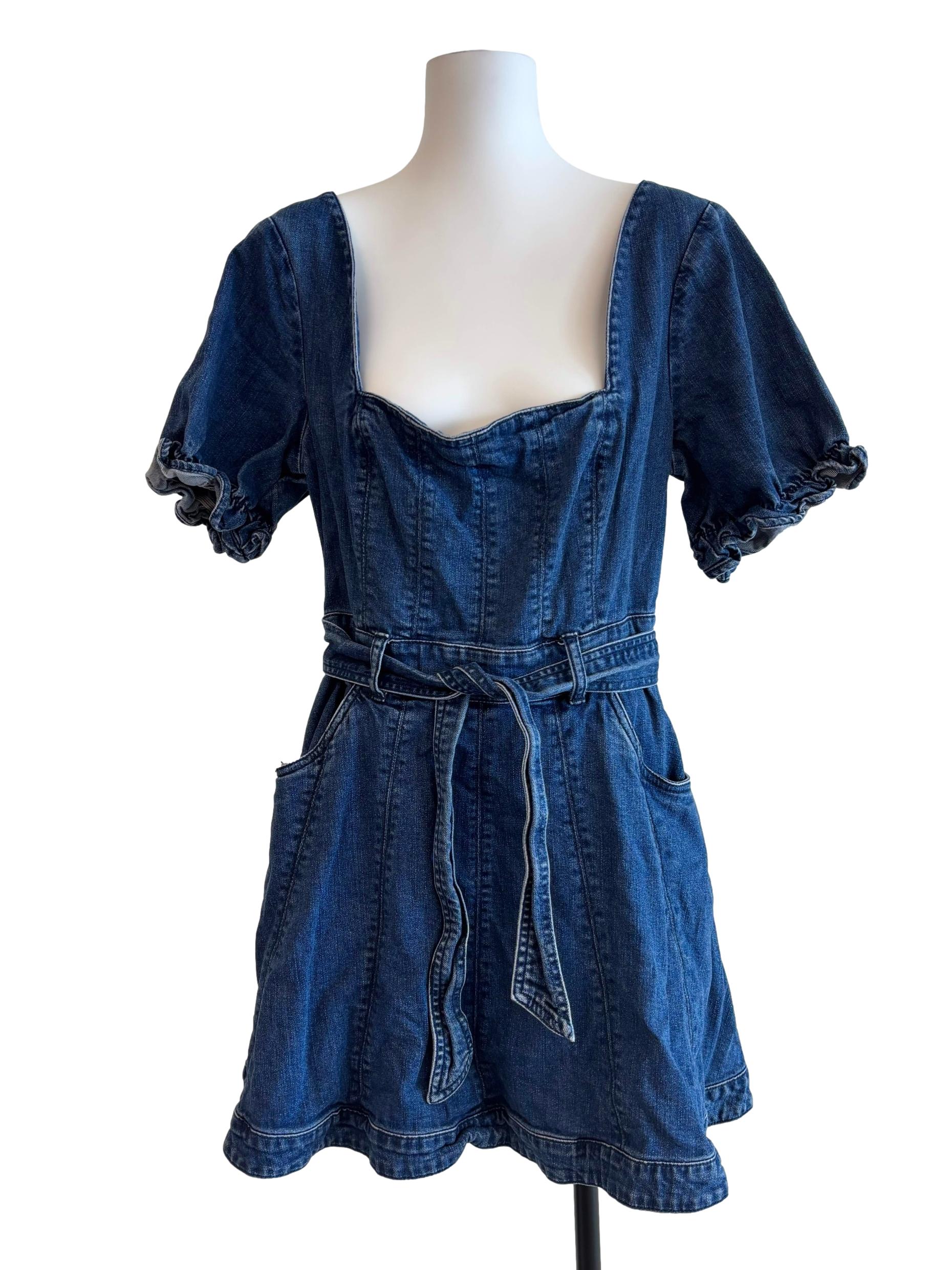 Blue Square Neck Mini Denim Dress