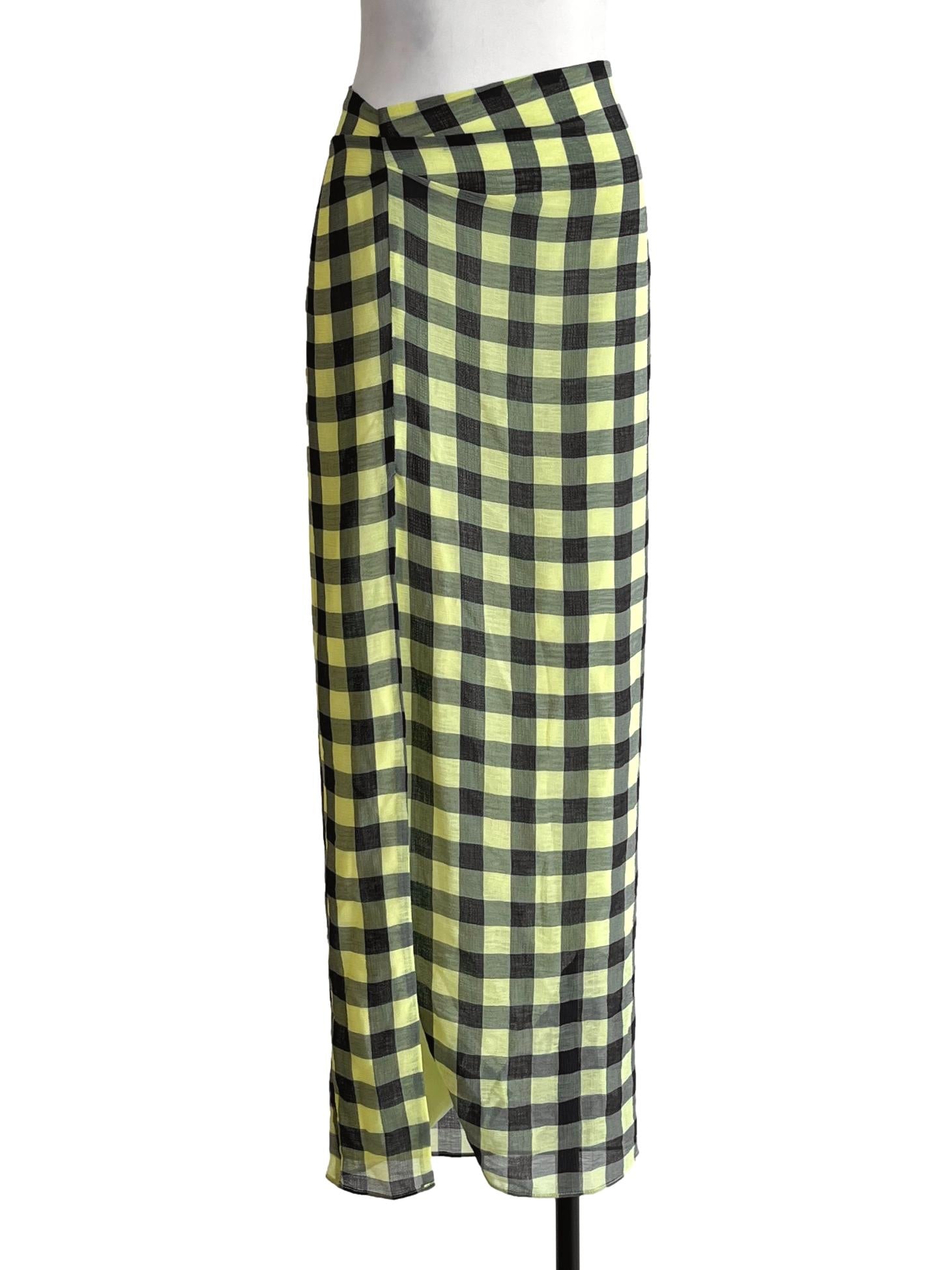 Lemon Yellow & Navy Checkered Midi Skirt