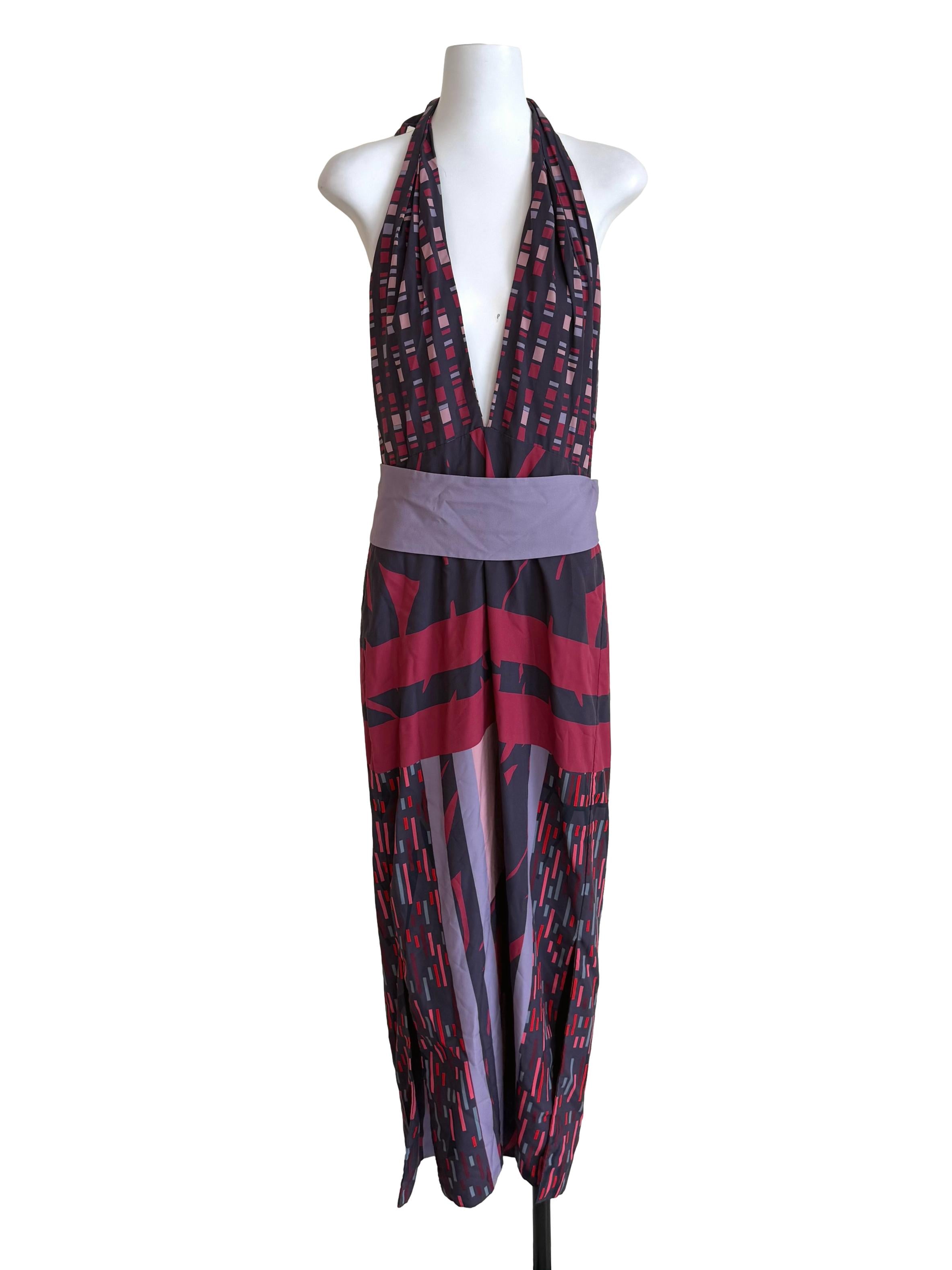 Mauve & Magenta Tie Neck Graphic Dress