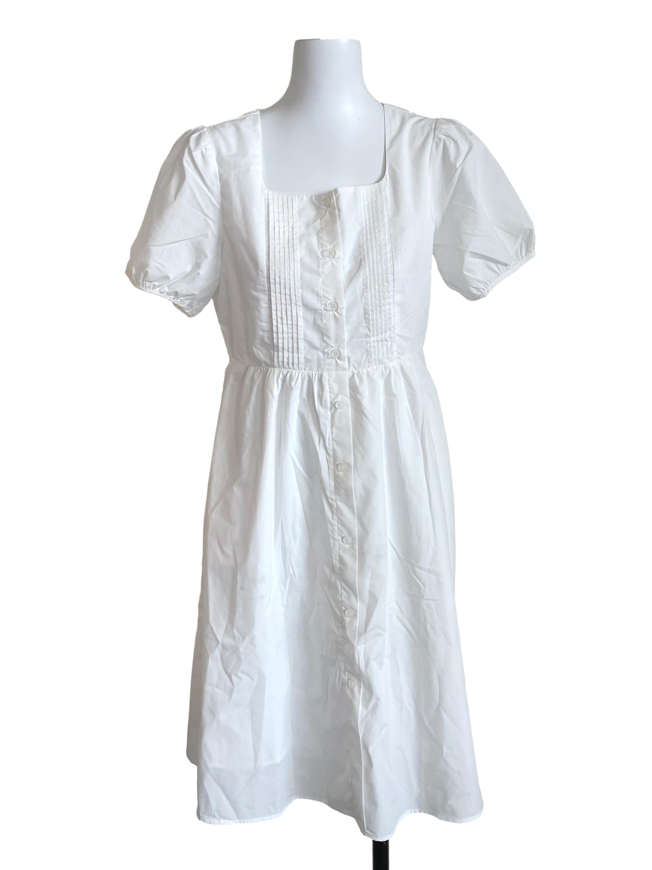 White Pleated Puff Sleeves Dress