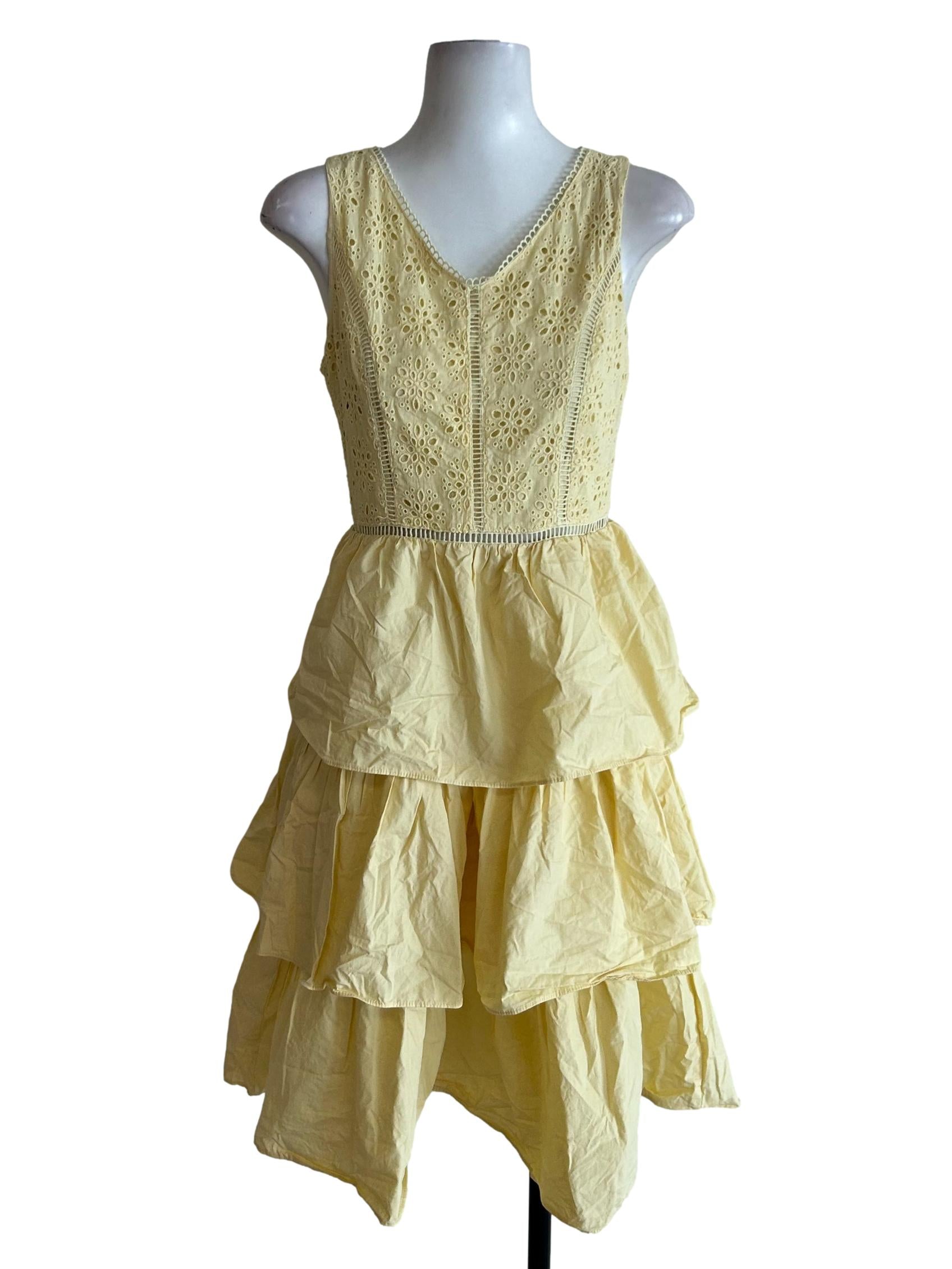 Pastel Yellow Embroidered Tiered Dress