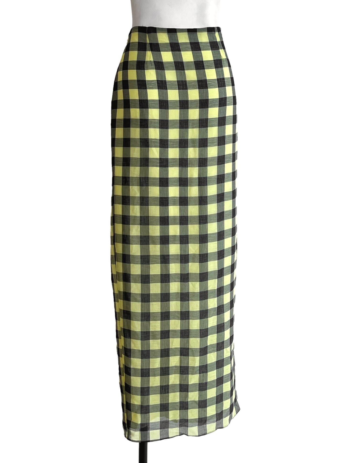 Lemon Yellow & Navy Checkered Midi Skirt