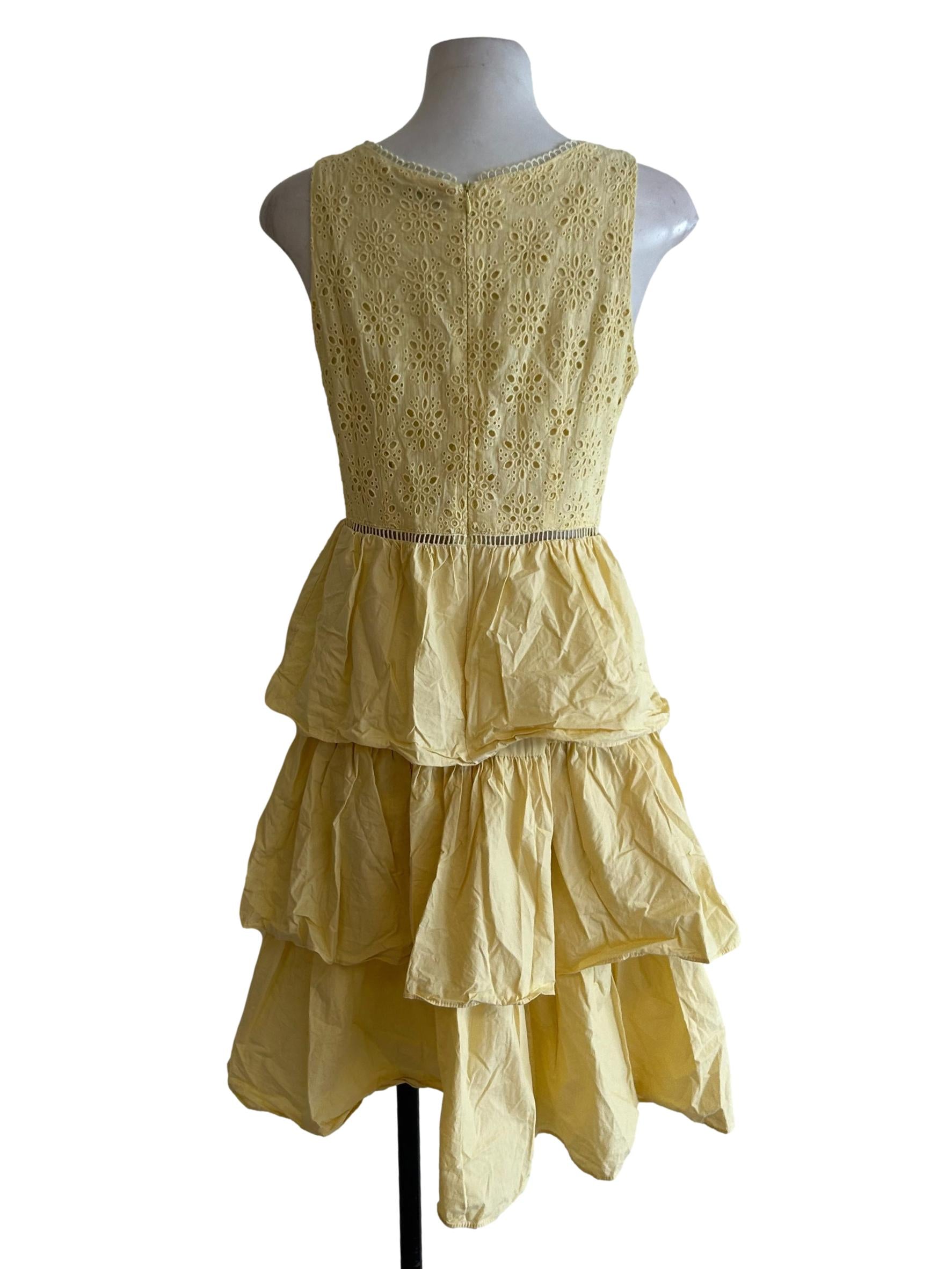 Pastel Yellow Embroidered Tiered Dress