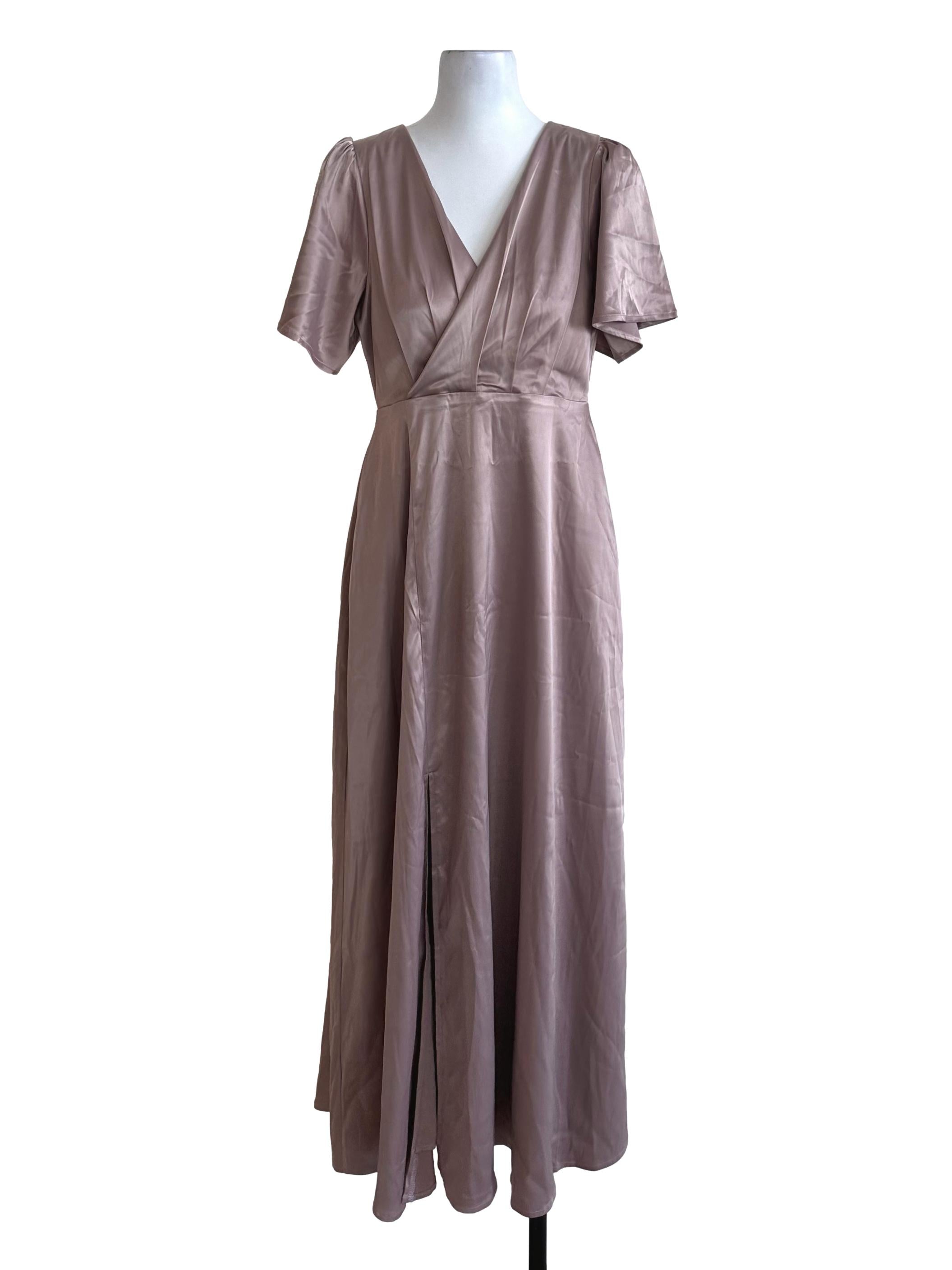 Rose Brown Satin V Neck Overlap Back Tie Dress