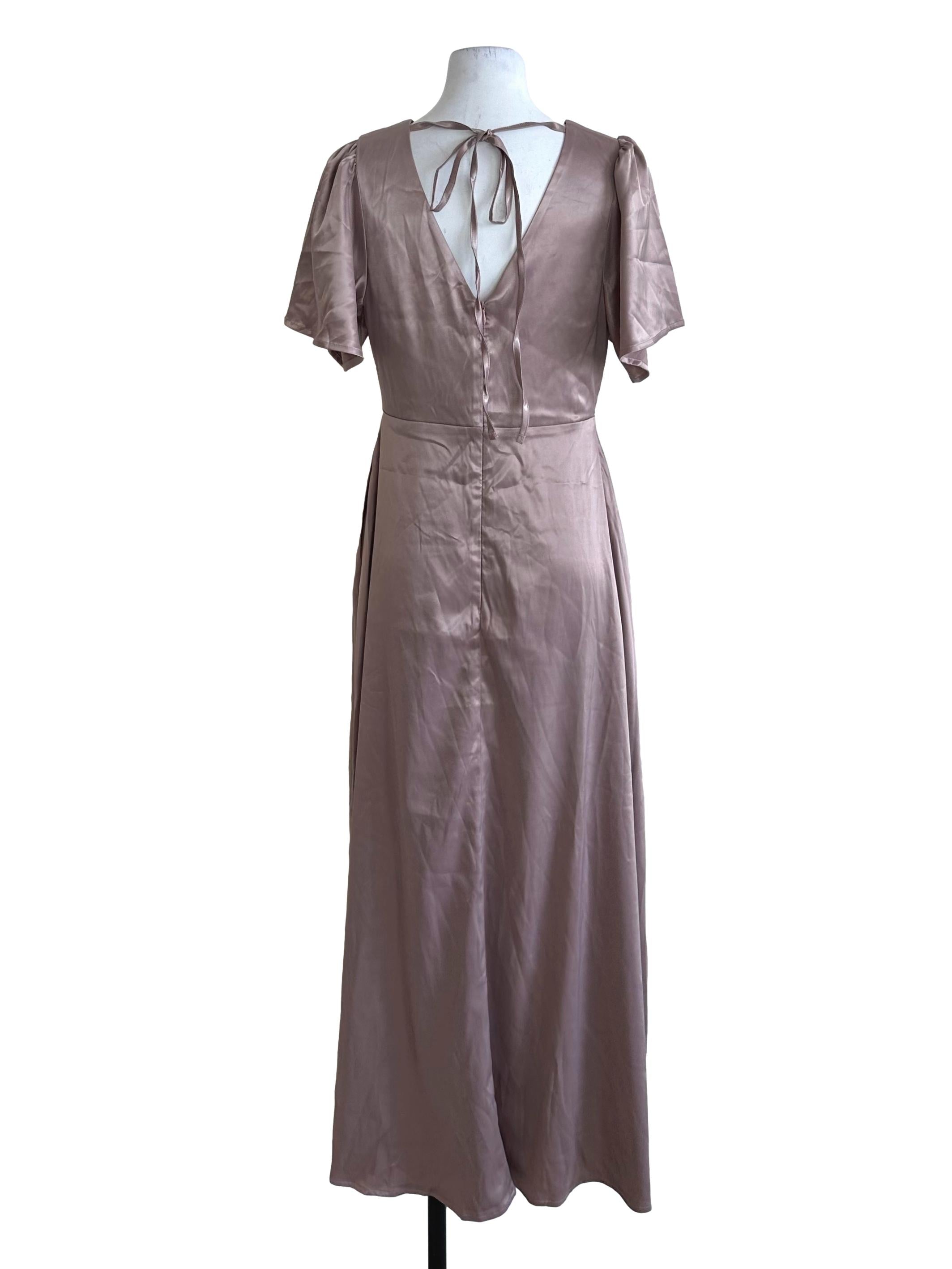 Rose Brown Satin V Neck Overlap Back Tie Dress