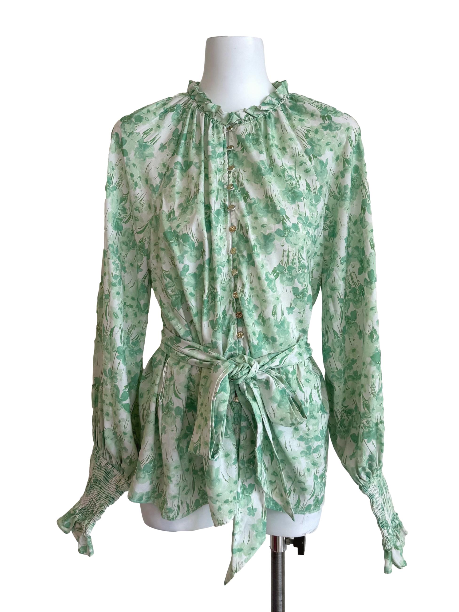 Green Floral Shirred Sleeves Blouse