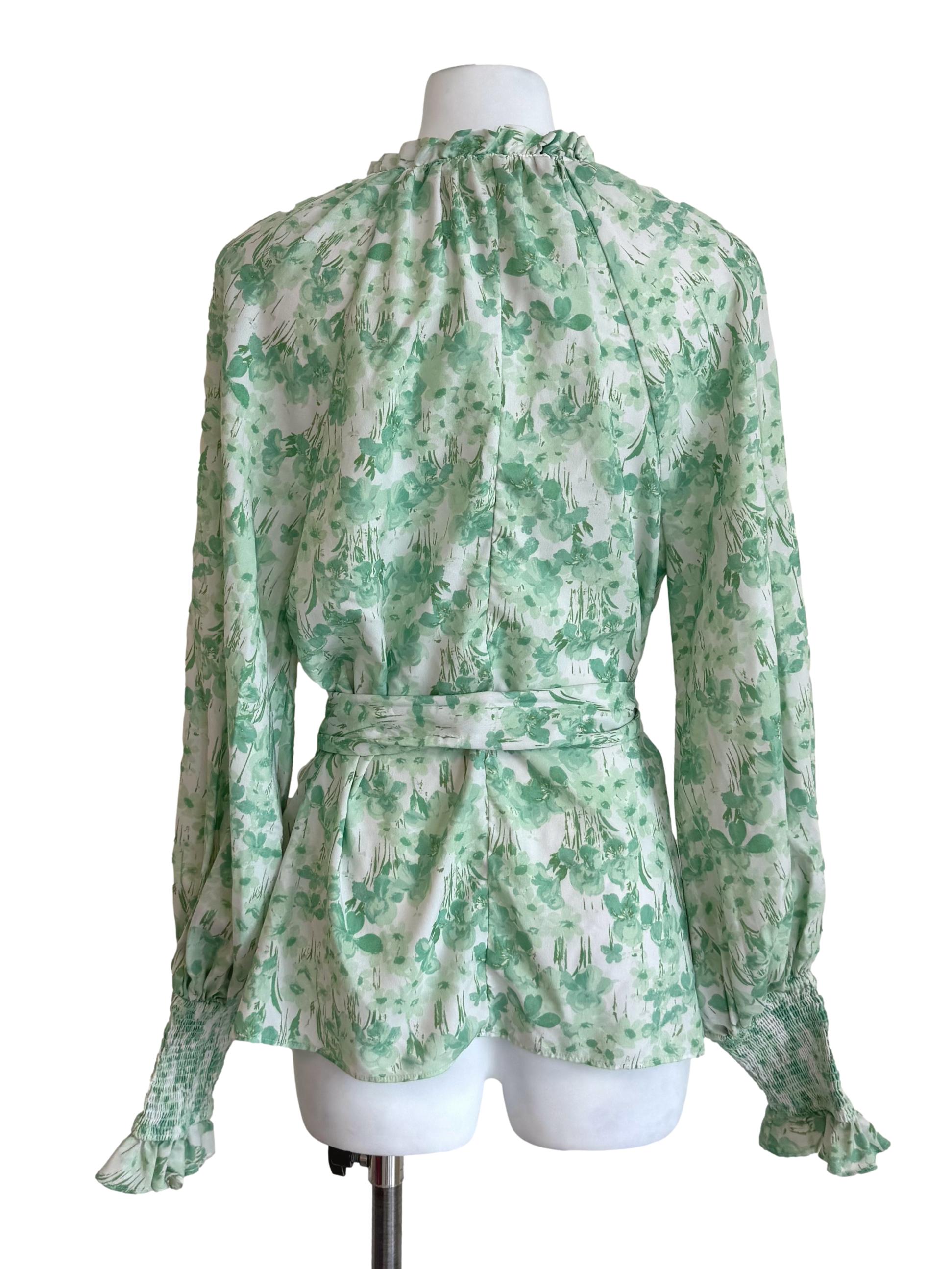 Green Floral Shirred Sleeves Blouse