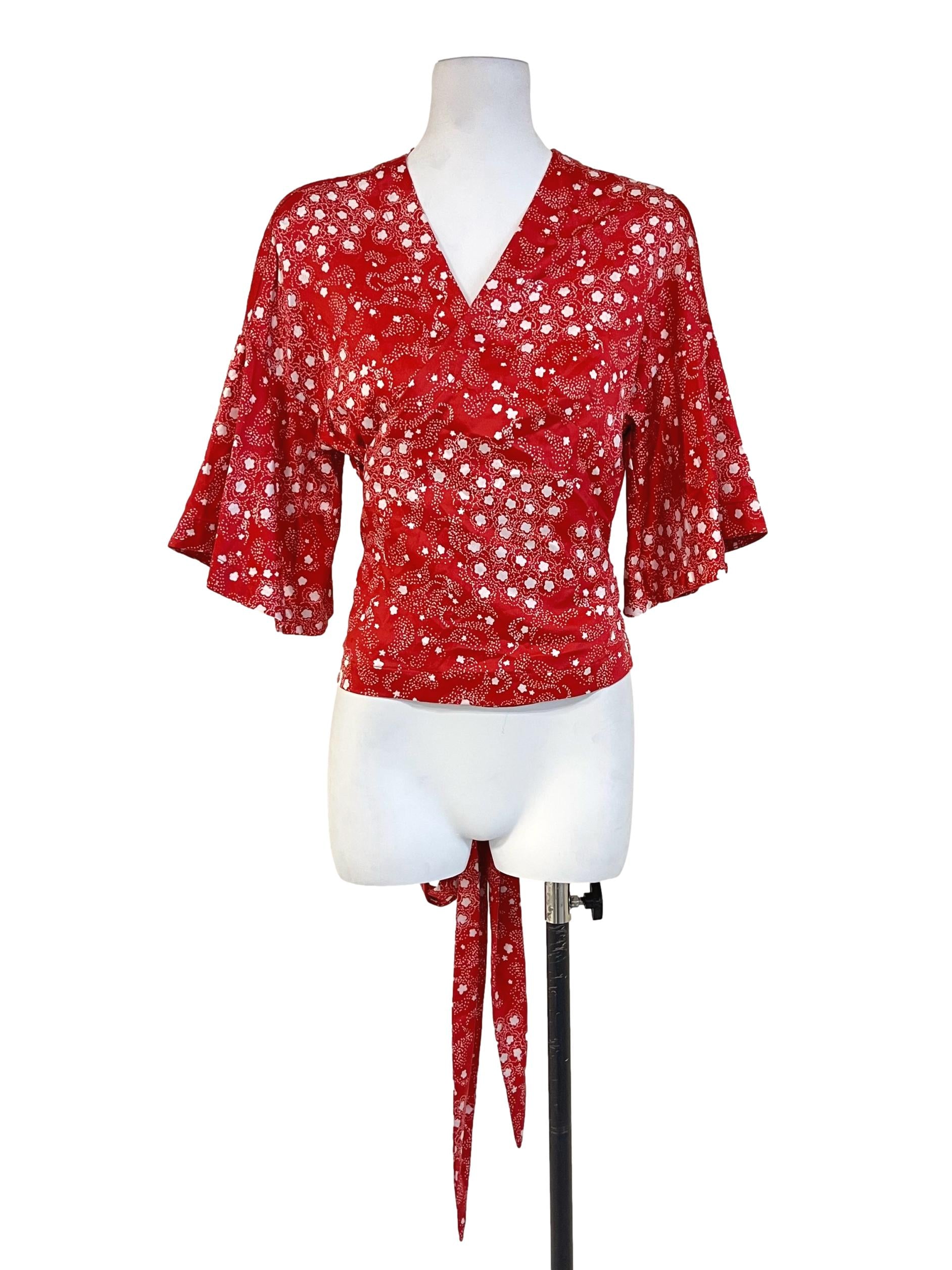 Candy Red Floral Print Wrap Blouses
