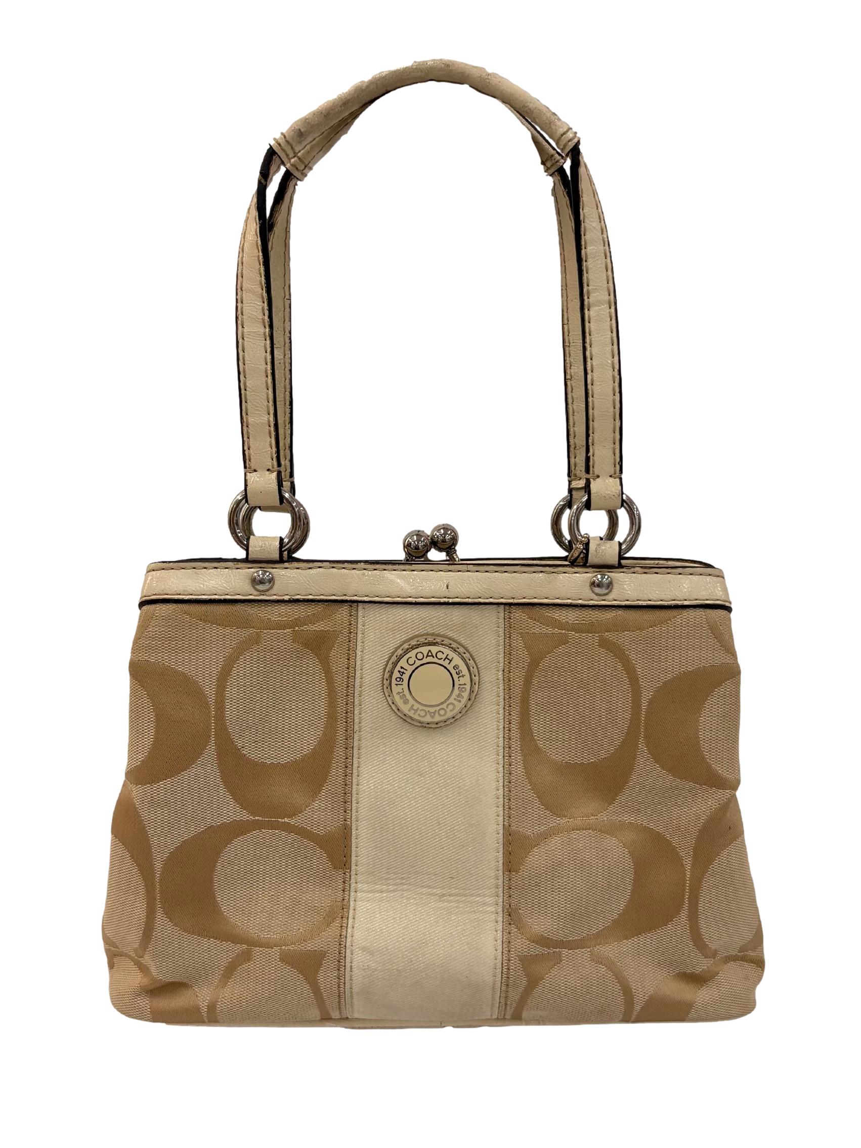 Beige And Cream Signature Patented Leather Shoulder Bag