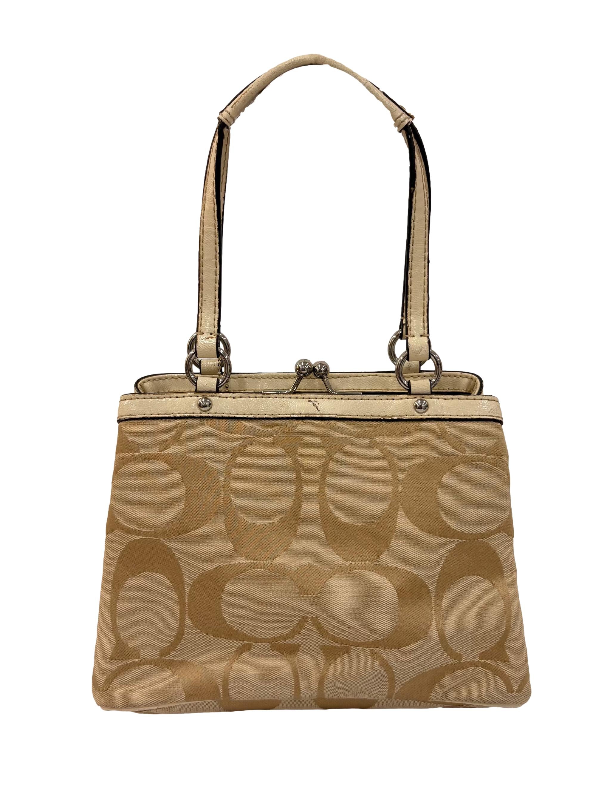 Beige And Cream Signature Patented Leather Shoulder Bag