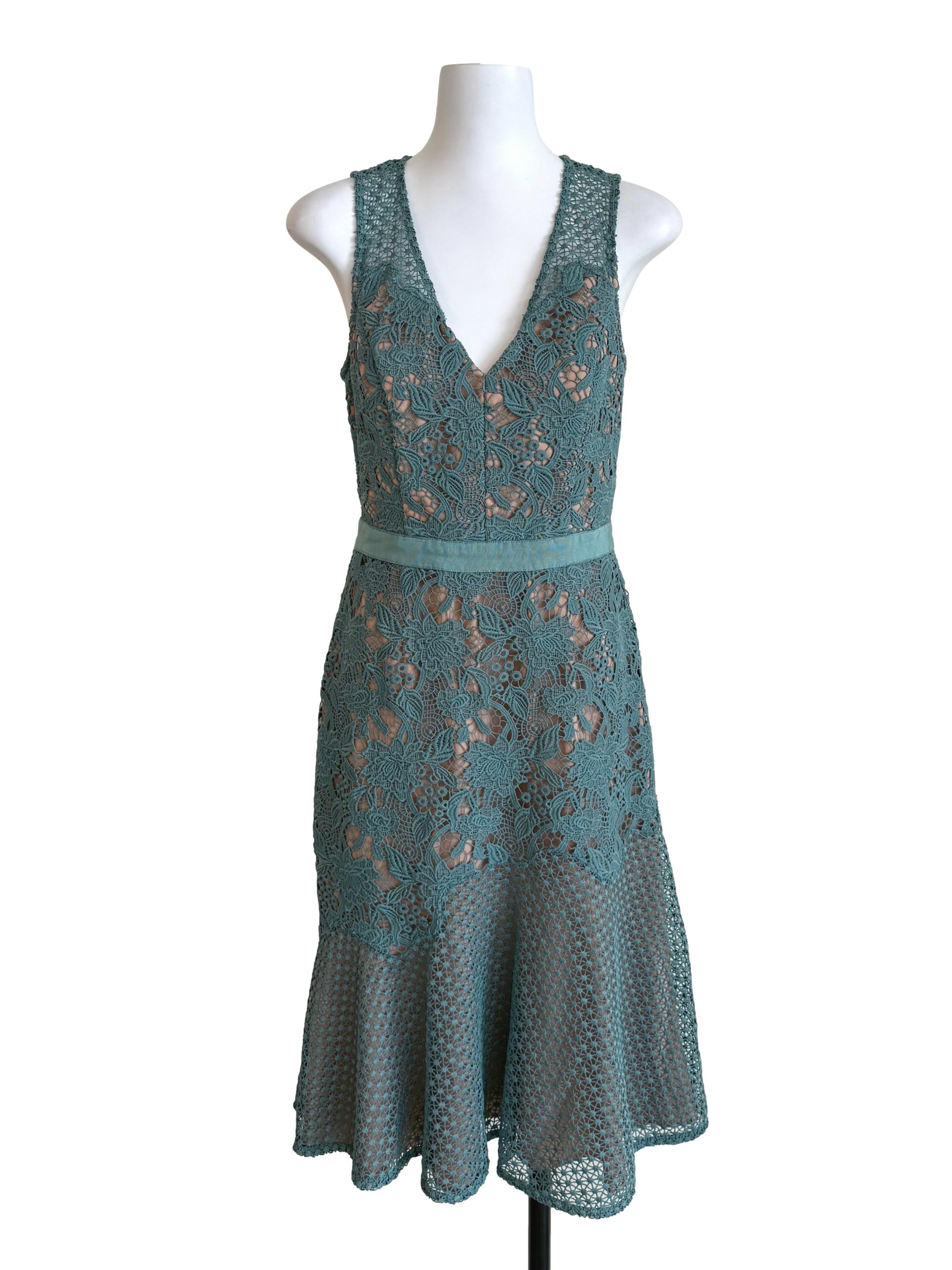 Teal Lace V Neck Bias Dress