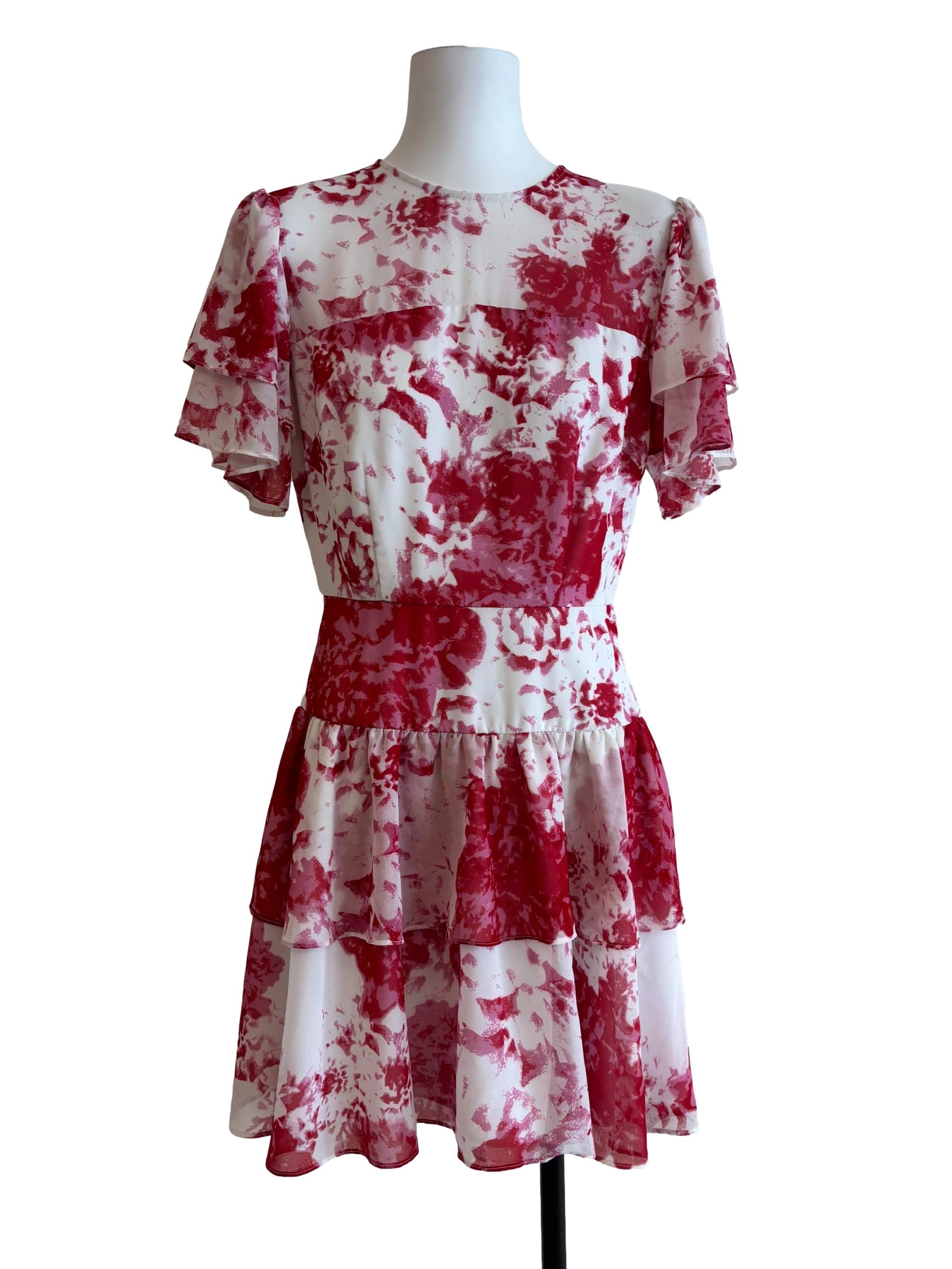 Powder White Blood Red Patterned Tier Dress