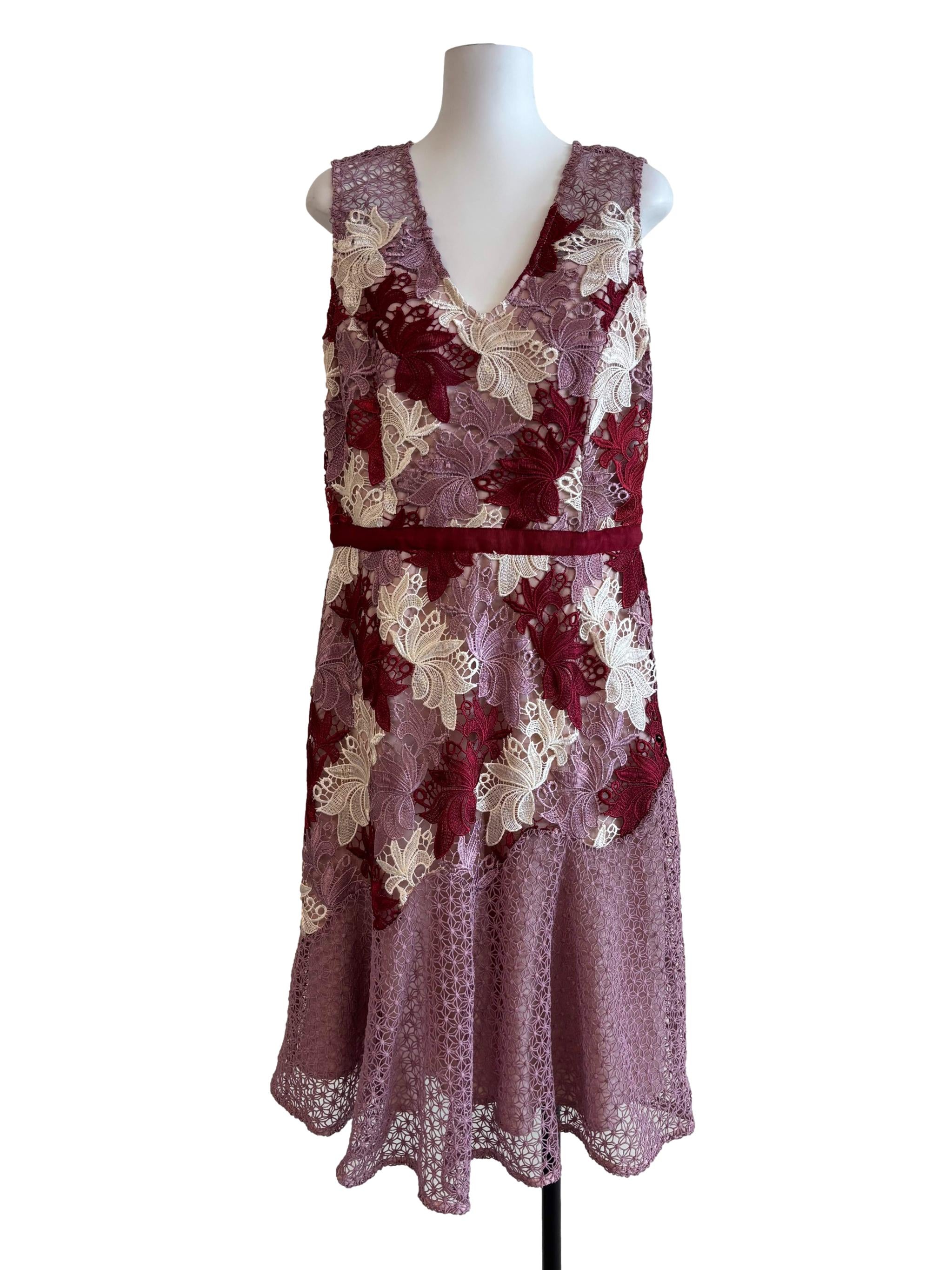 Puce Pink Maroon Flower Lace Sleeveless Dress