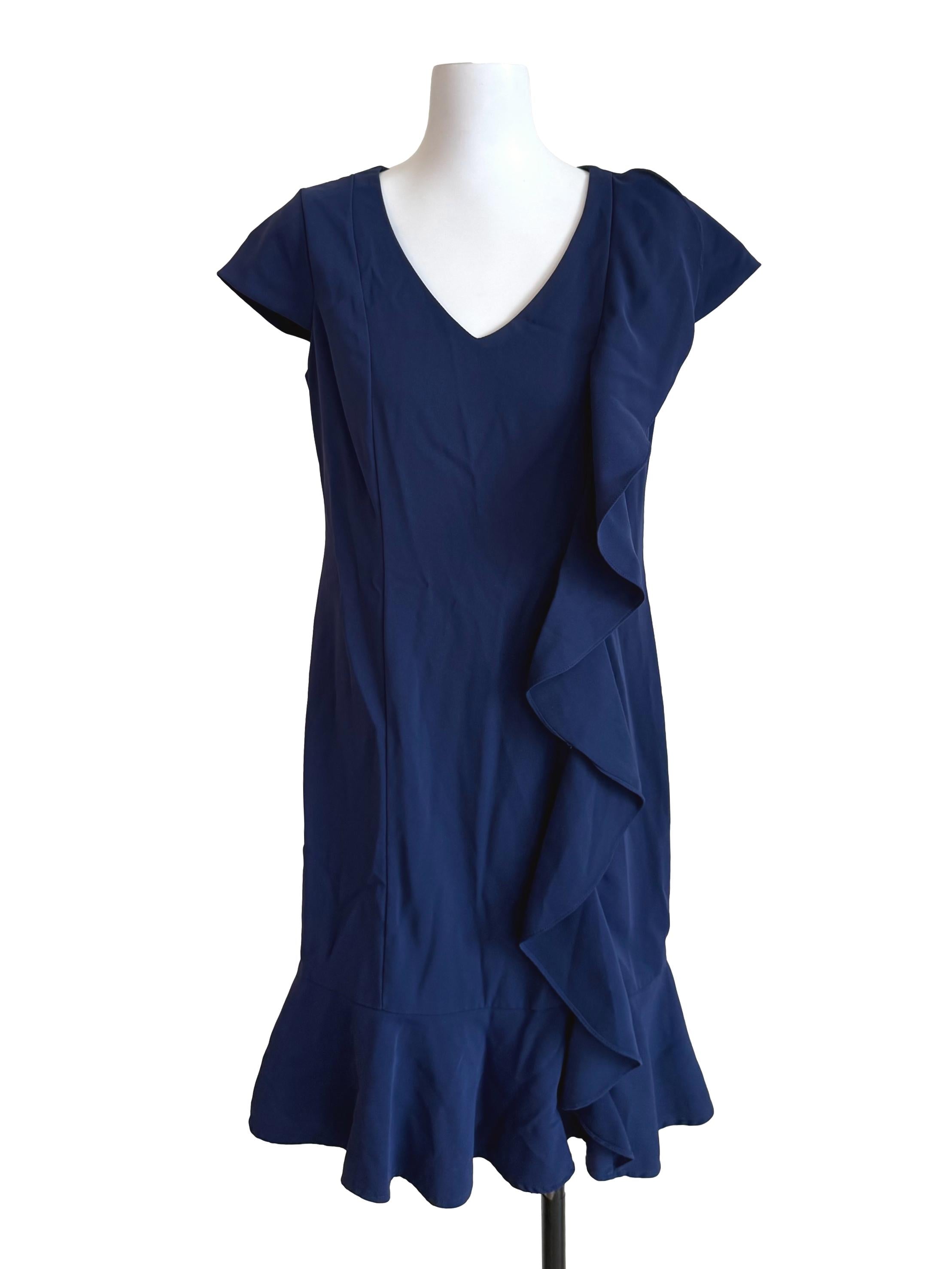 Navy Ruffled Small Sleeves Dress