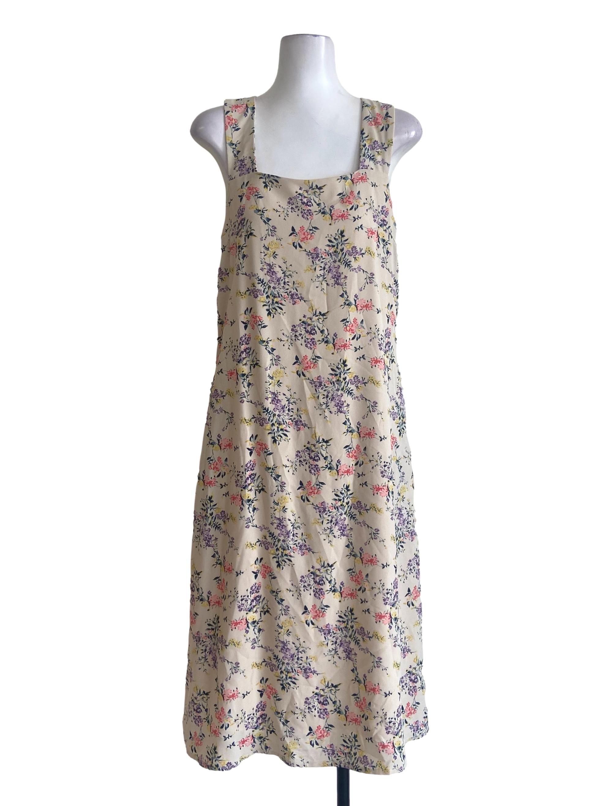 Ivory Beige Floral Sleeveless Slip Dress