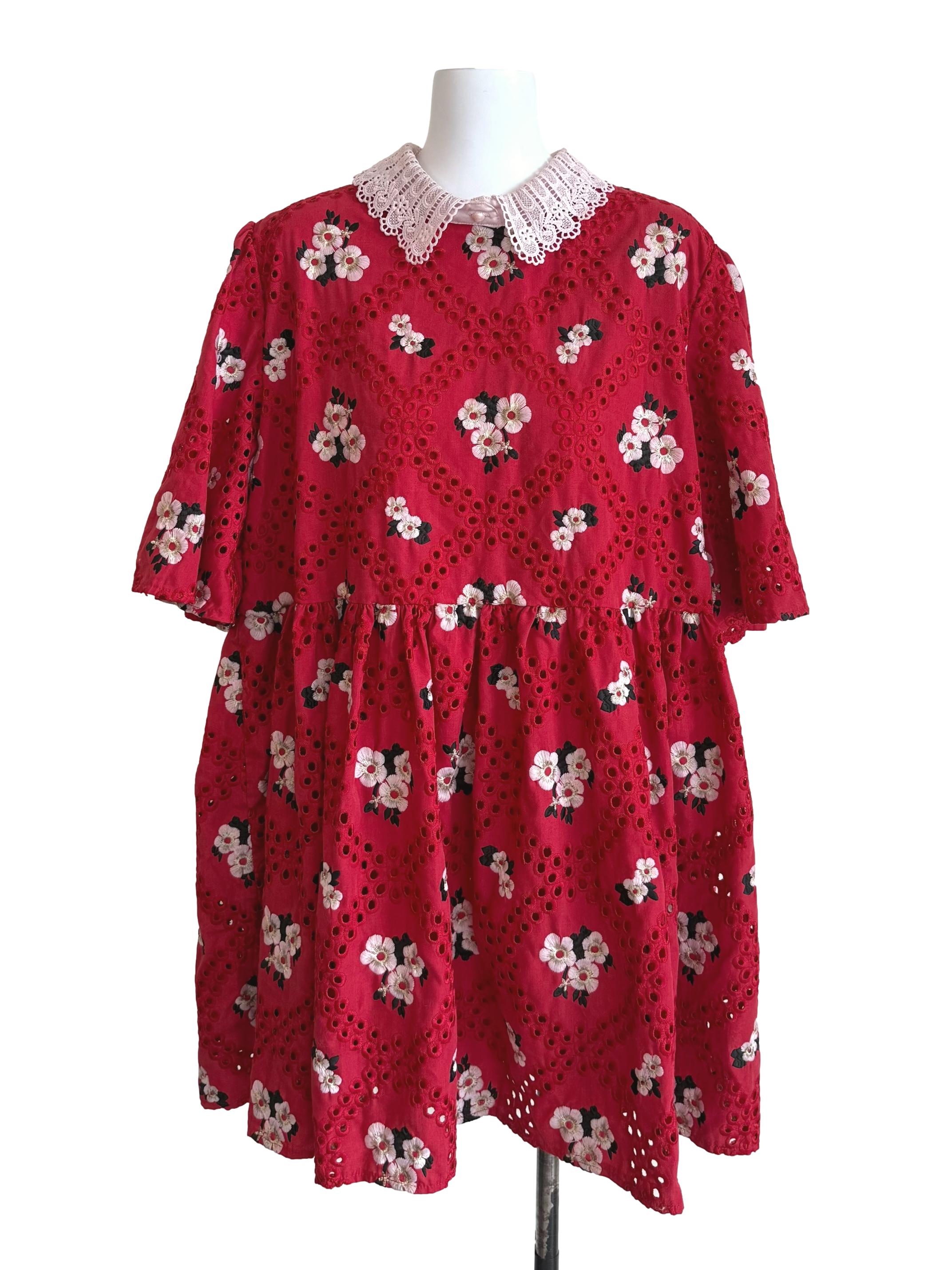 Red Floral Eyelet Wide Babydoll Dress