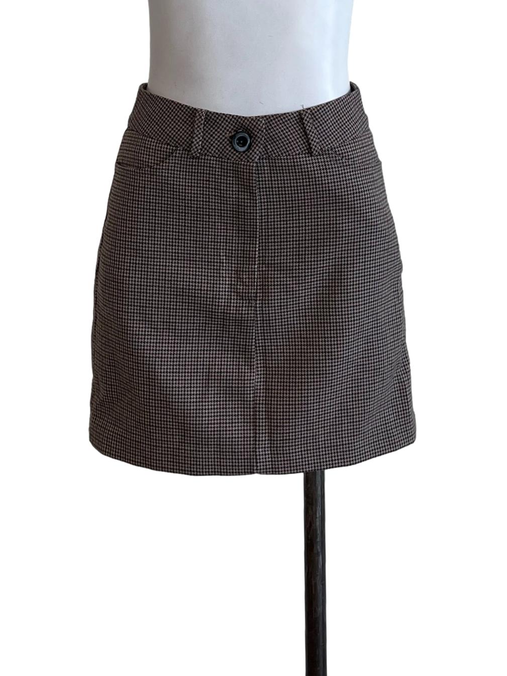 Wood Brown Houndstooth Mini Skirt