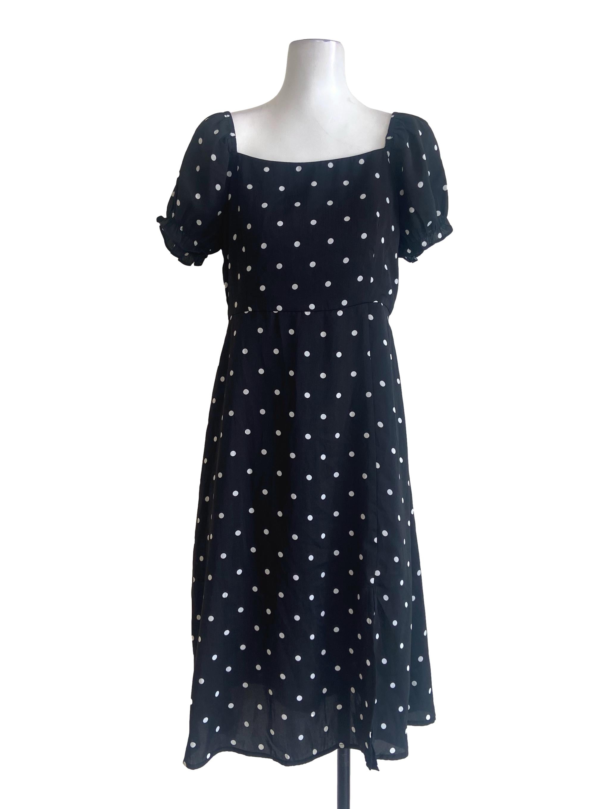 Black & White  Dot Square Neck Slit Dress