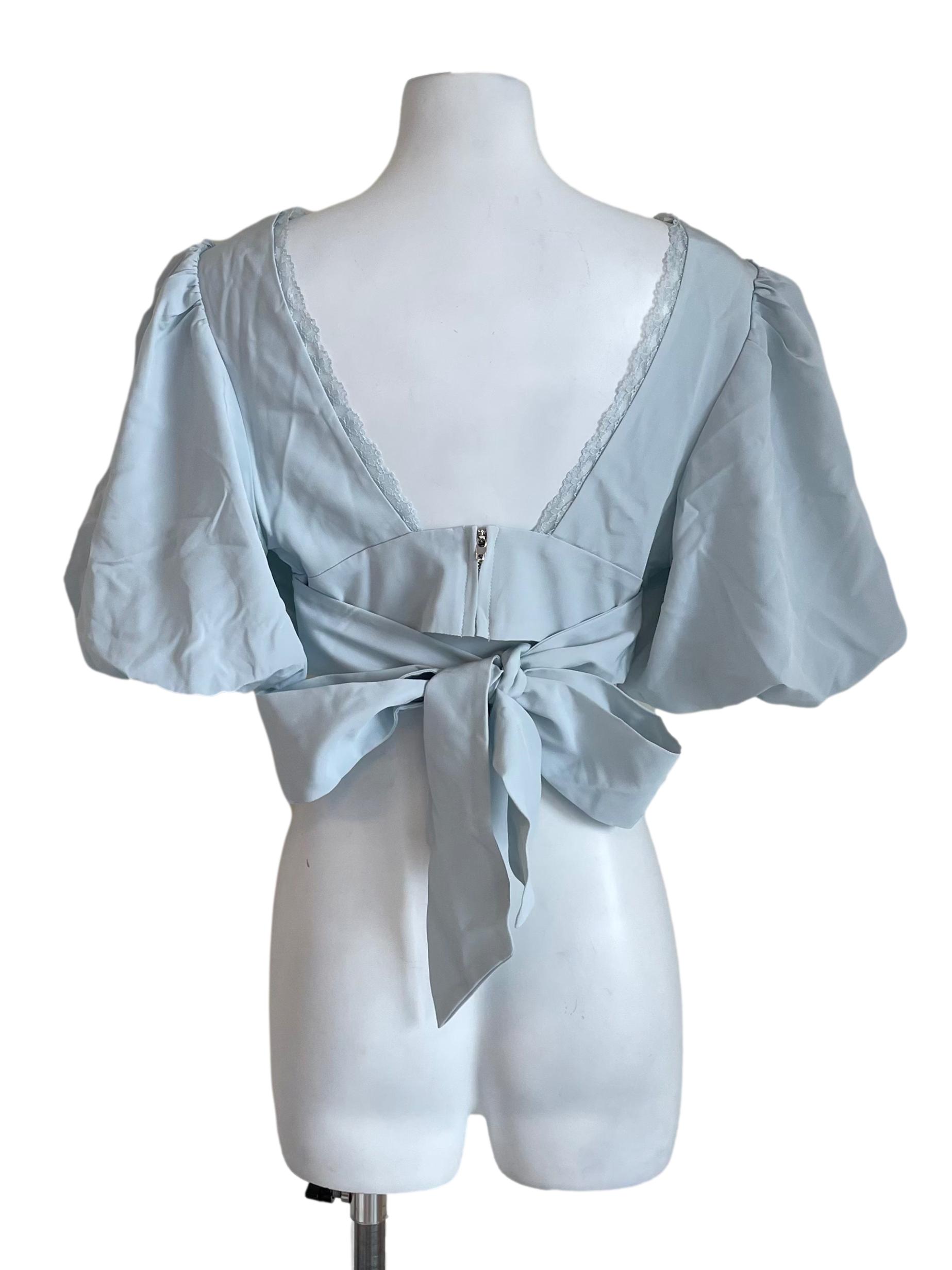 Pale Blue Puff Sleeves Waist Tie Crop Top