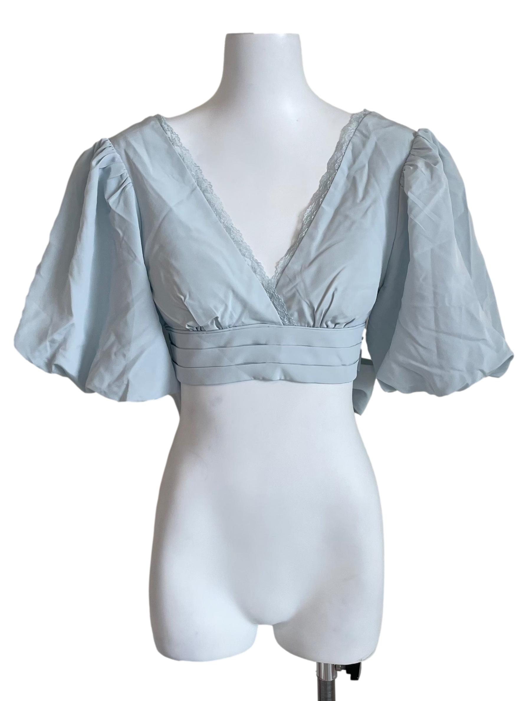 Pale Blue Puff Sleeves Waist Tie Crop Top
