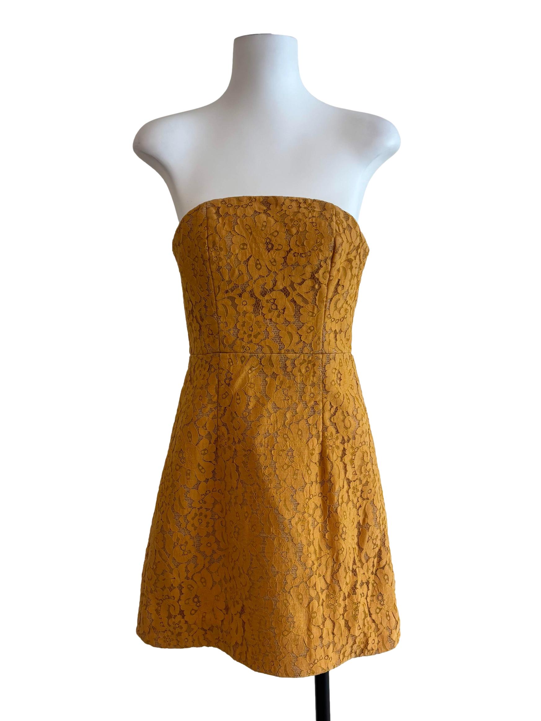 Mango Yellow Strapless Lace Mini Dress