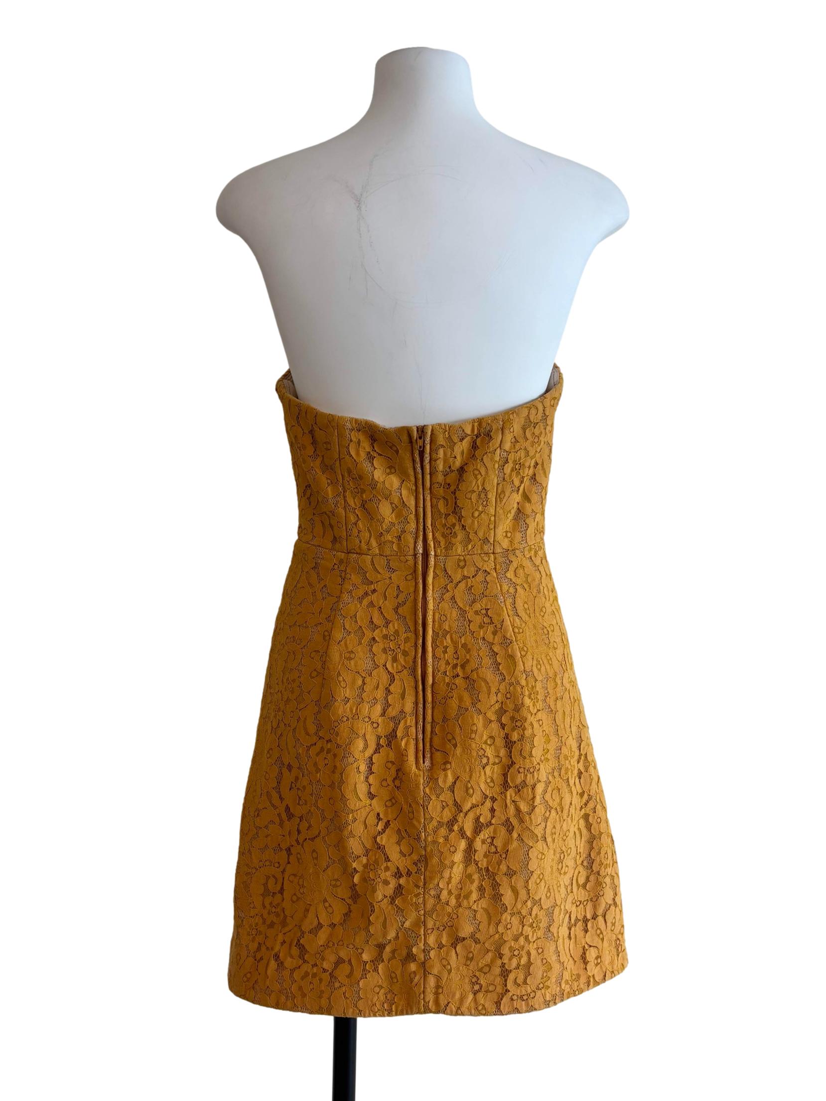 Mango Yellow Strapless Lace Mini Dress