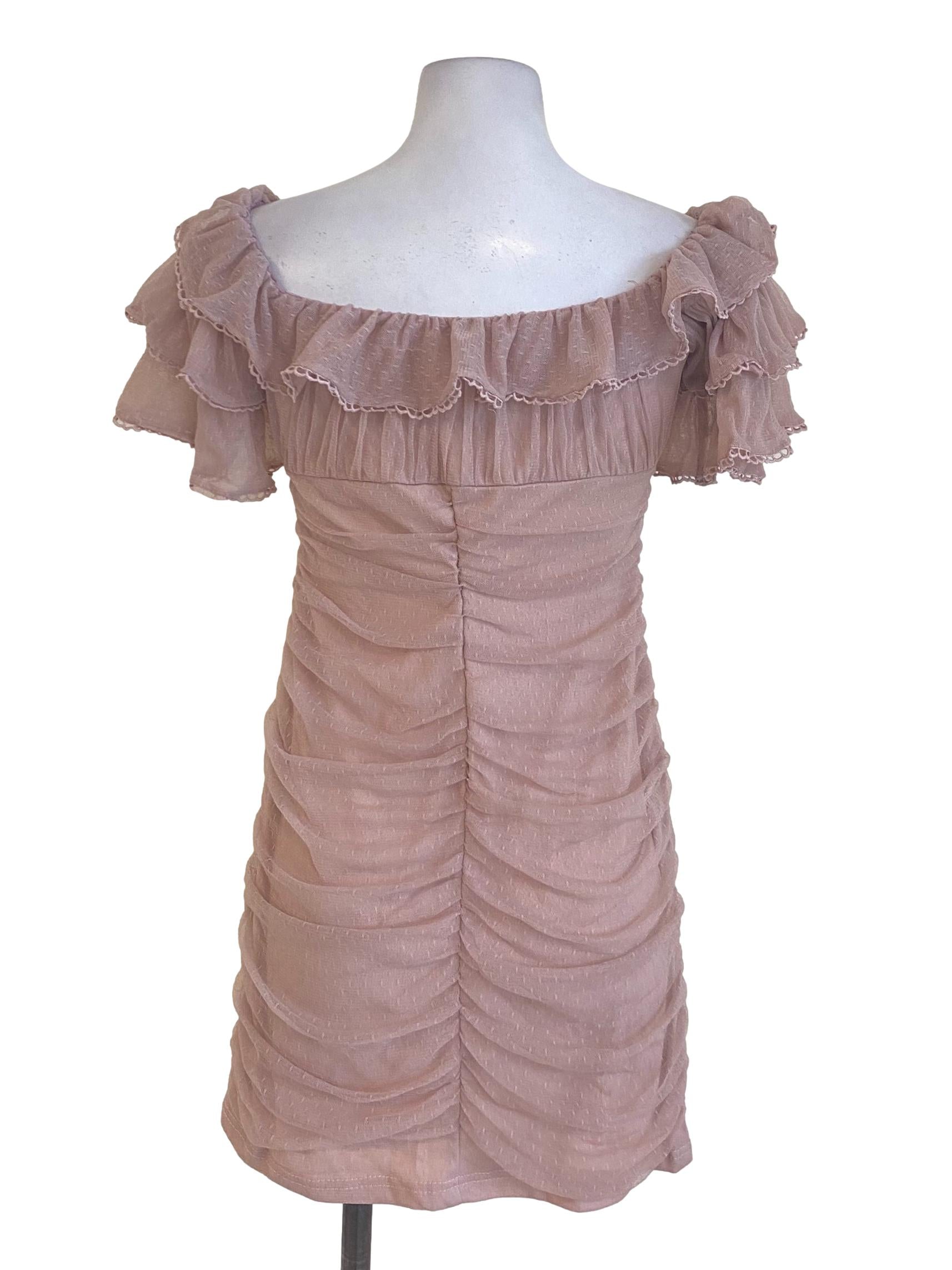 Rose Gold Pink Ruffle Neck Bodycon Wrapped Dress