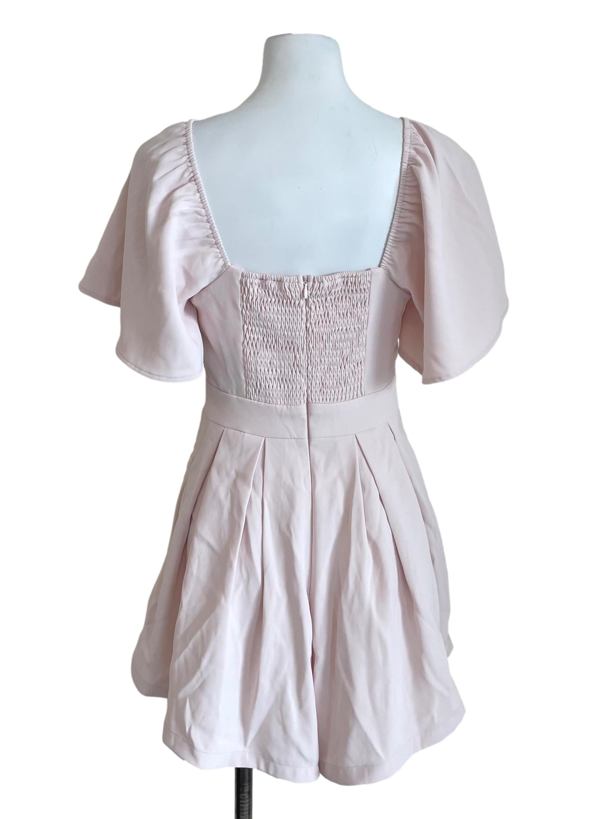 Pale Pink Butterfly Sleeves Pleated Romper