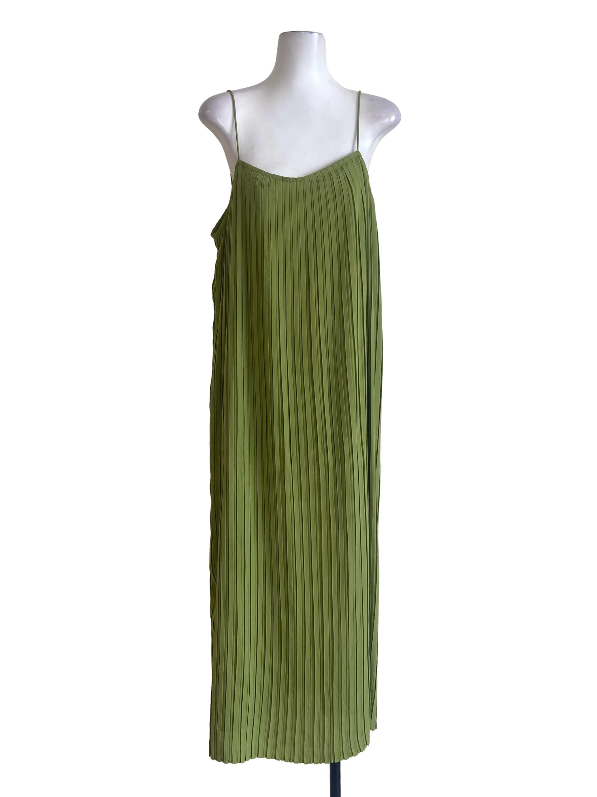 Lime Green Spaghetti Straps Accordion Sleeveless Dress