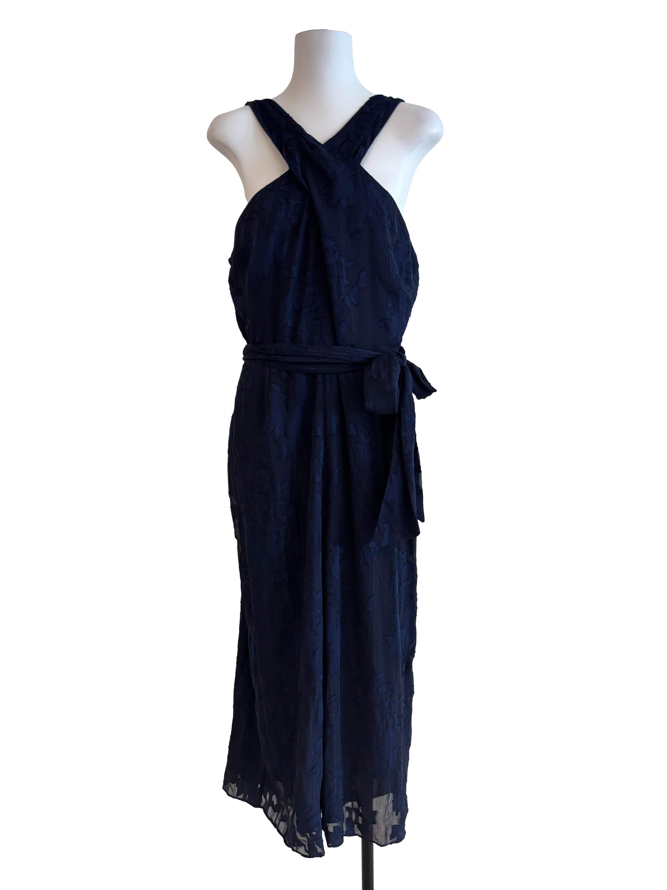 Navy Blue Textured Cross Neck Jumpsuit