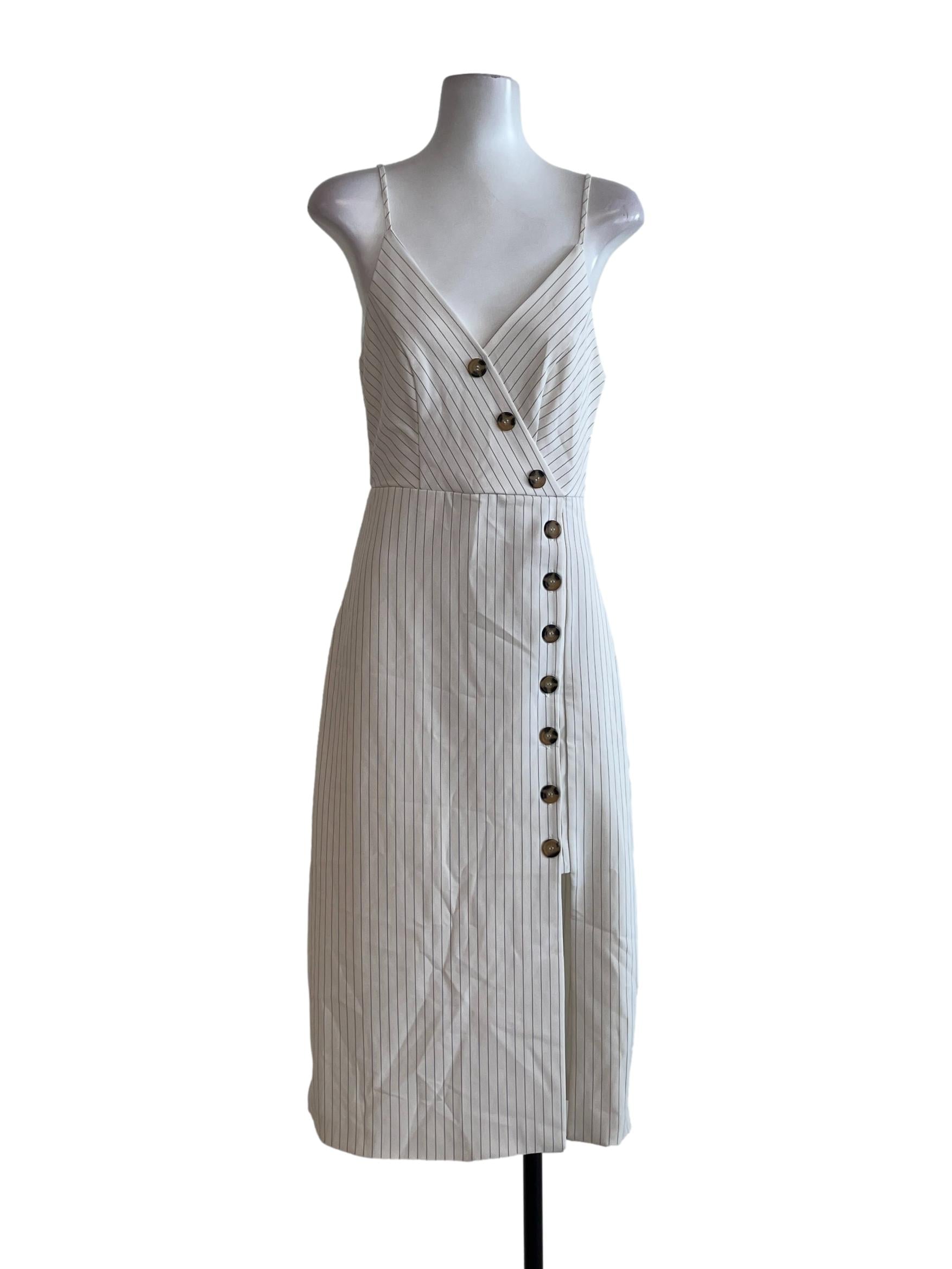 White Black Stripe Button Wrap Dress