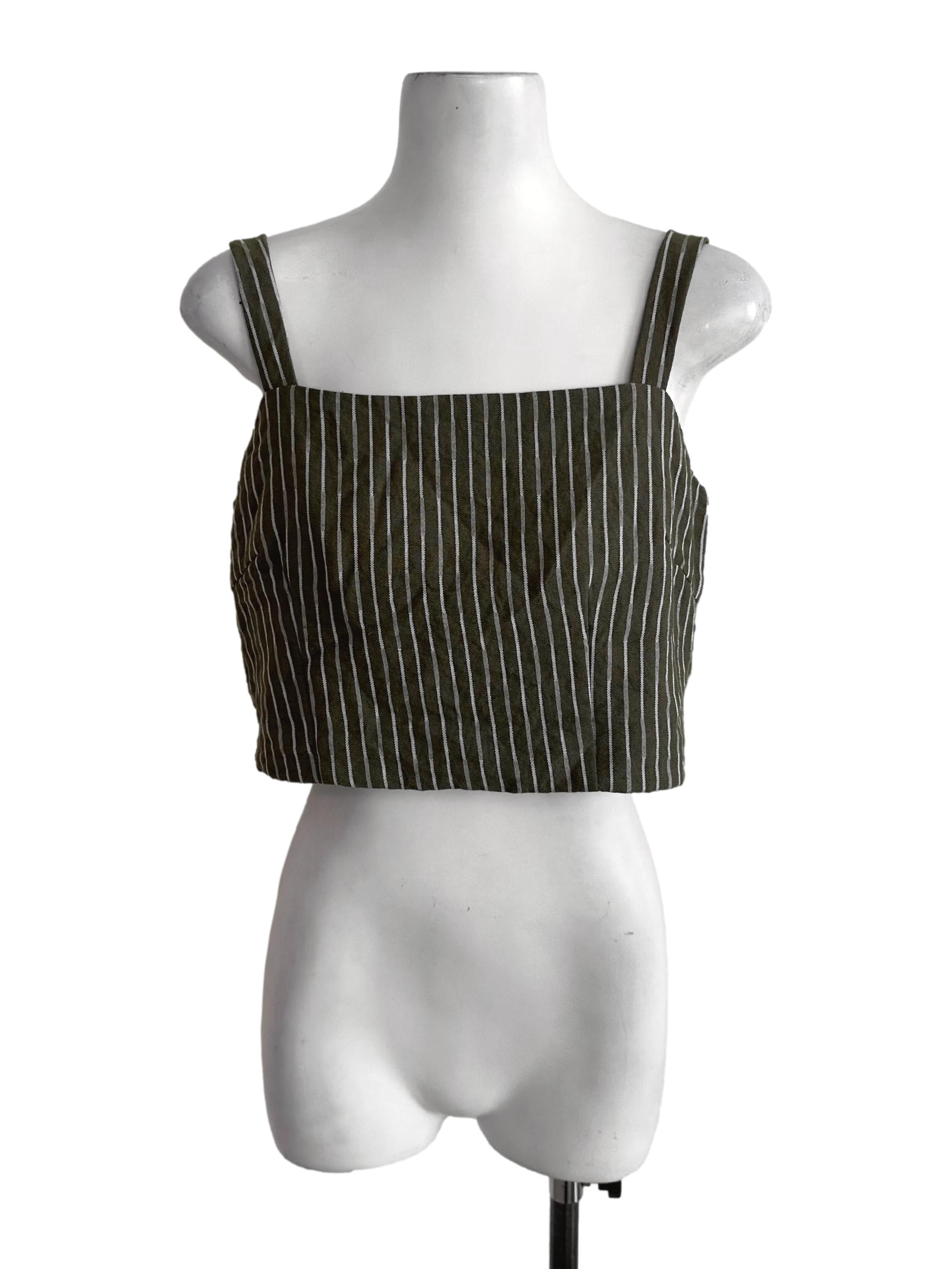 Moss Green Stripe Pattern Square Neck Top TTR