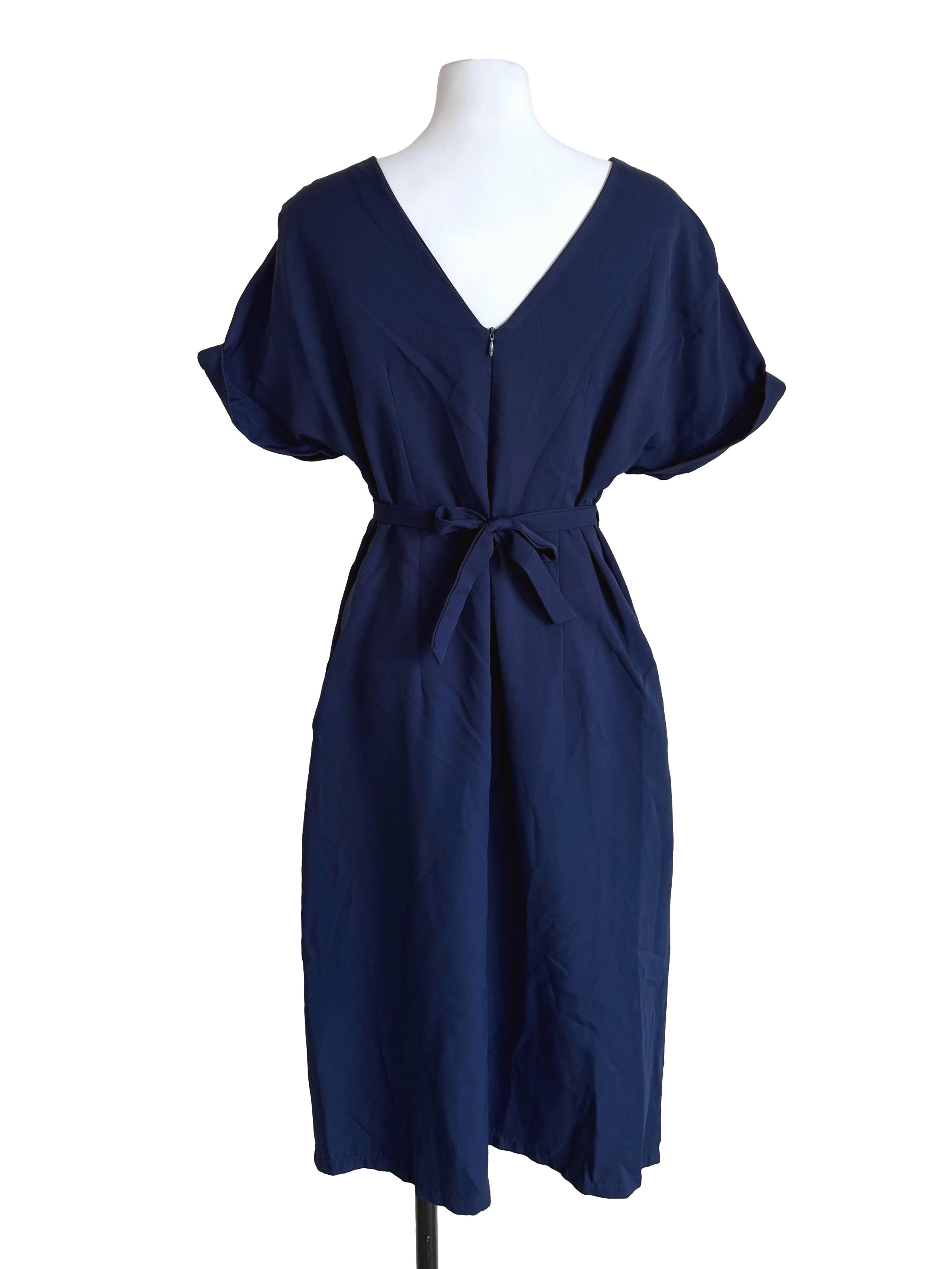 Deep Navy Flounced Sheath Dress