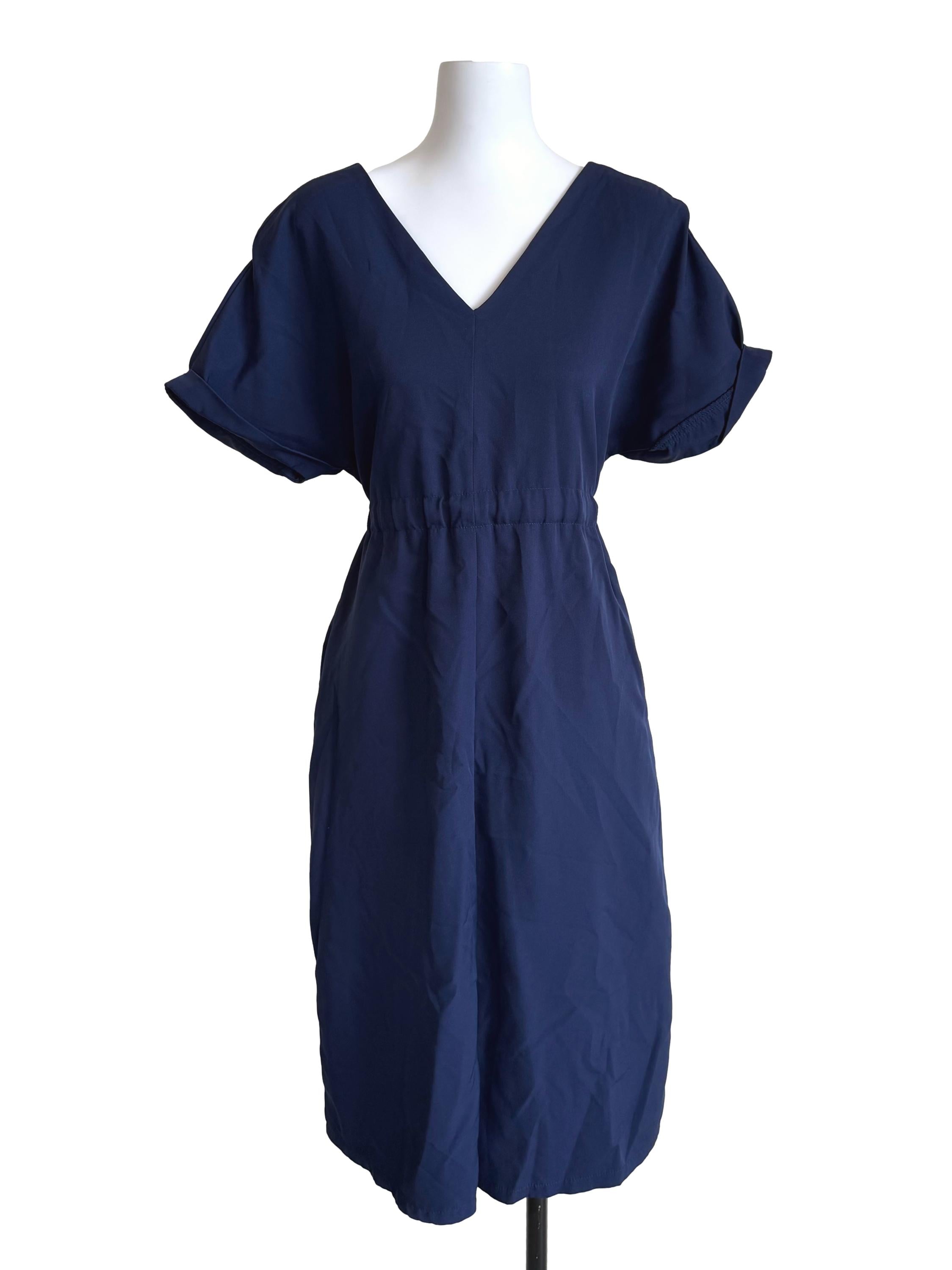Deep Navy Flounced Sheath Dress