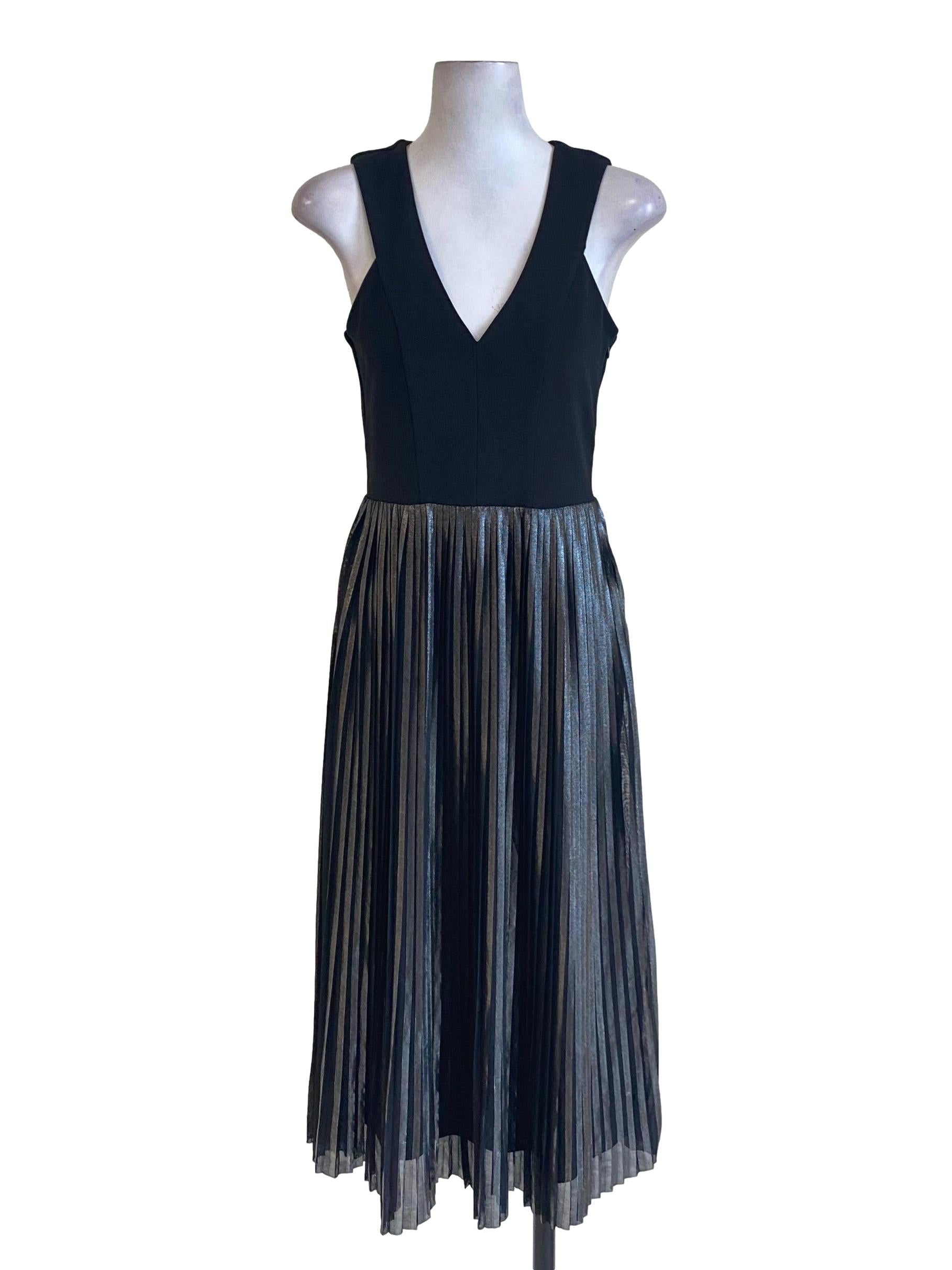 Black V-Neck Shimmered Pleated A-Line Dress
