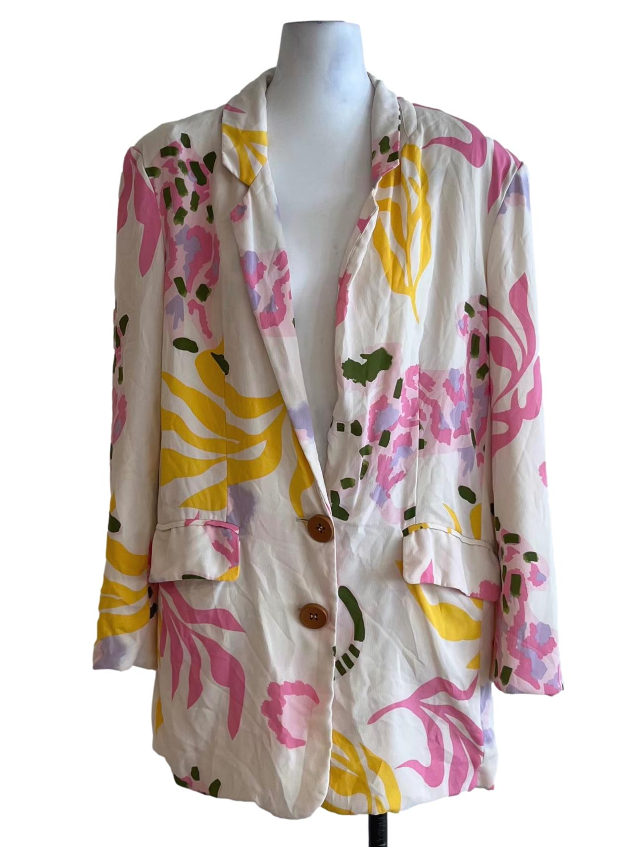 White Abstract Single-Breasted Blazer