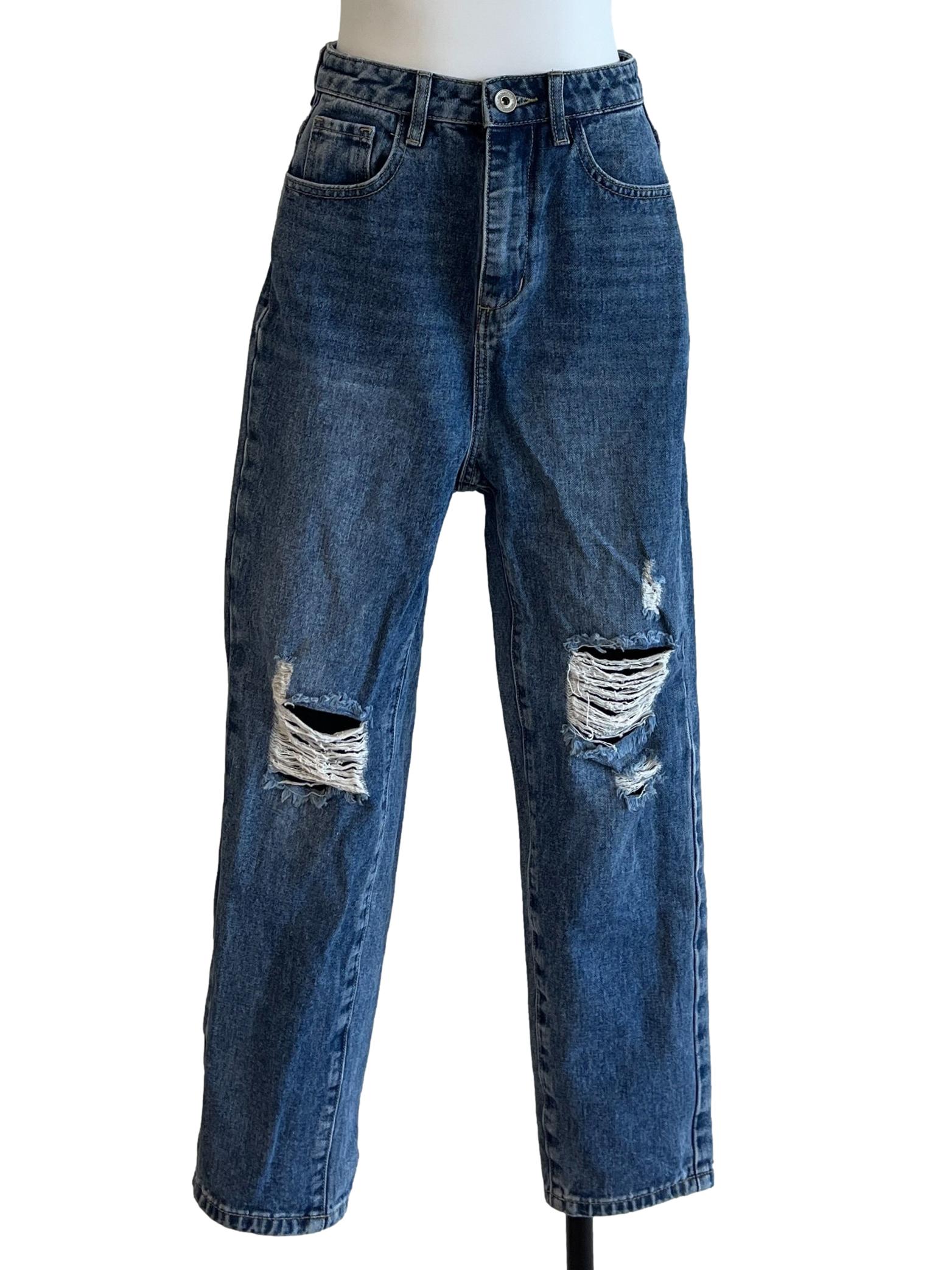 Denim Blue Distressed Ripped Jeans