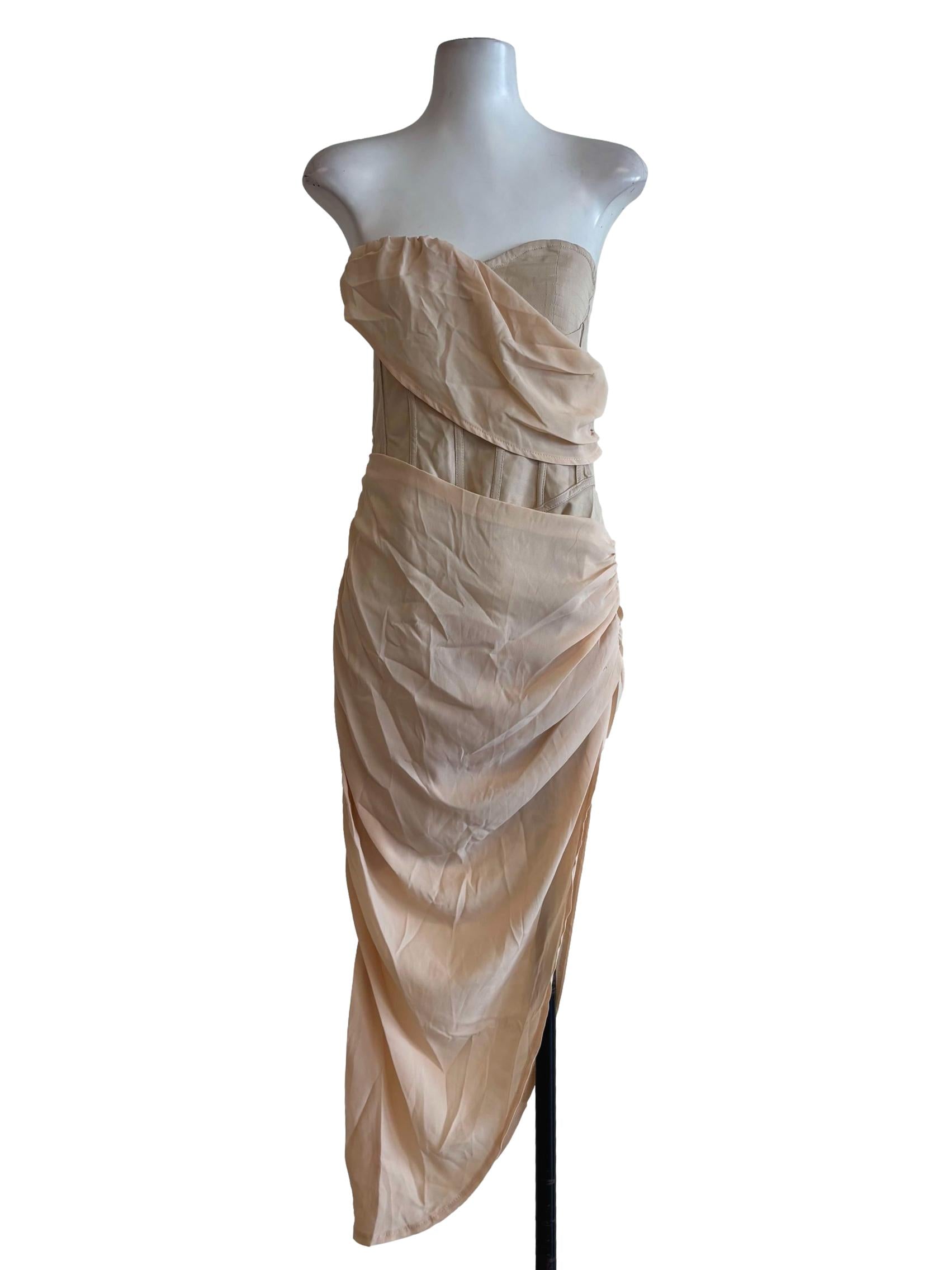 Beige Strapless Asymmetrical Bodycon Dress
