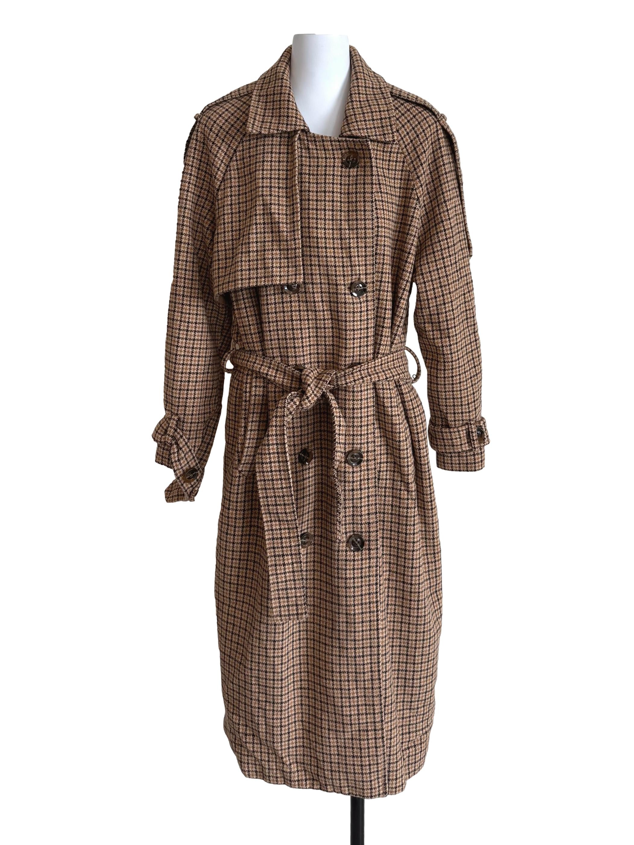 Khaki Houndstooth Double Breasted Trench Coat