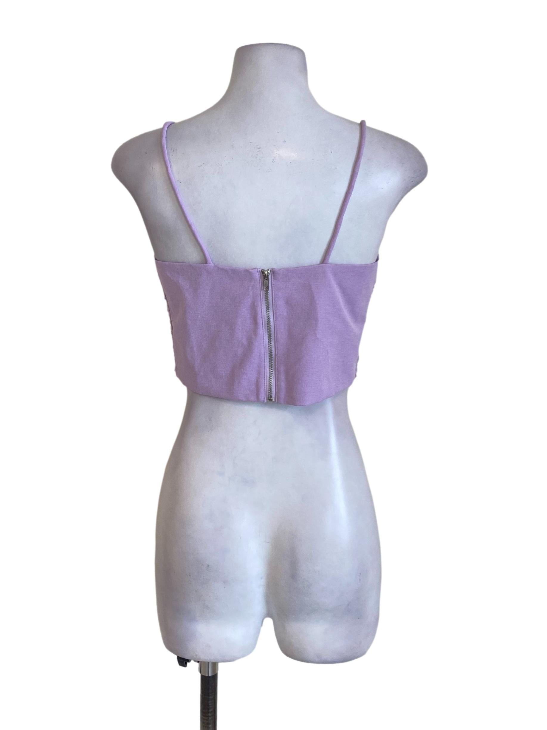 Lilac Purple Floral Laced Sweetheart Neck Spaghetti Strap Cropped Top