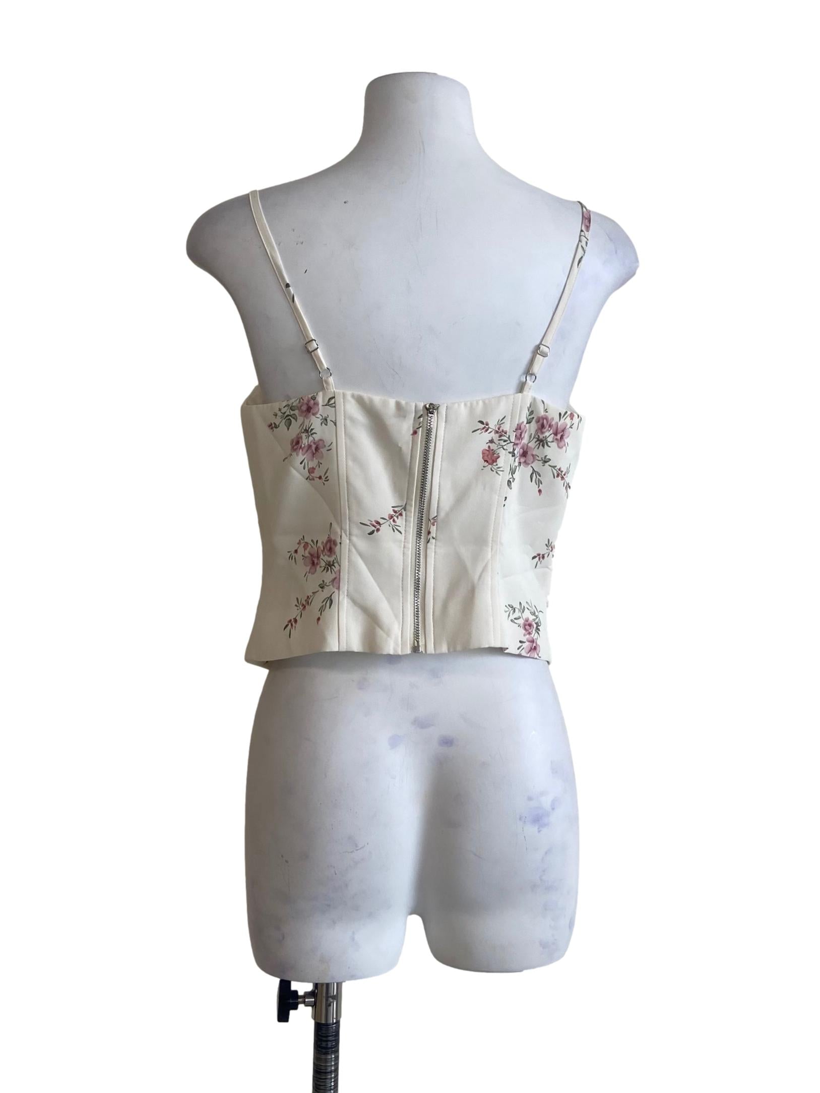 White Floral Sleeveless Button Down Crop Top