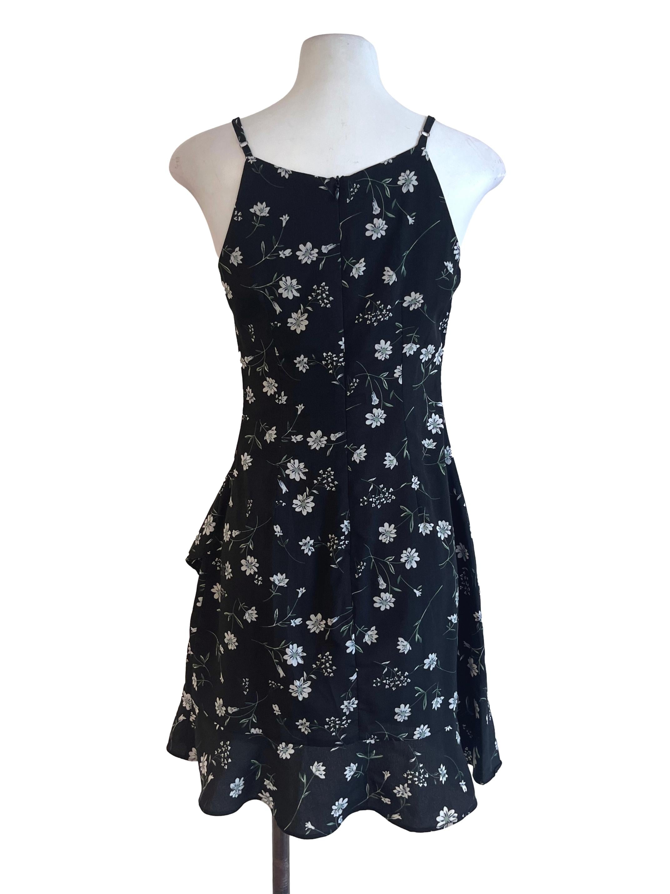 Black And White Floral Pattern Sleeveless V Neck Dress