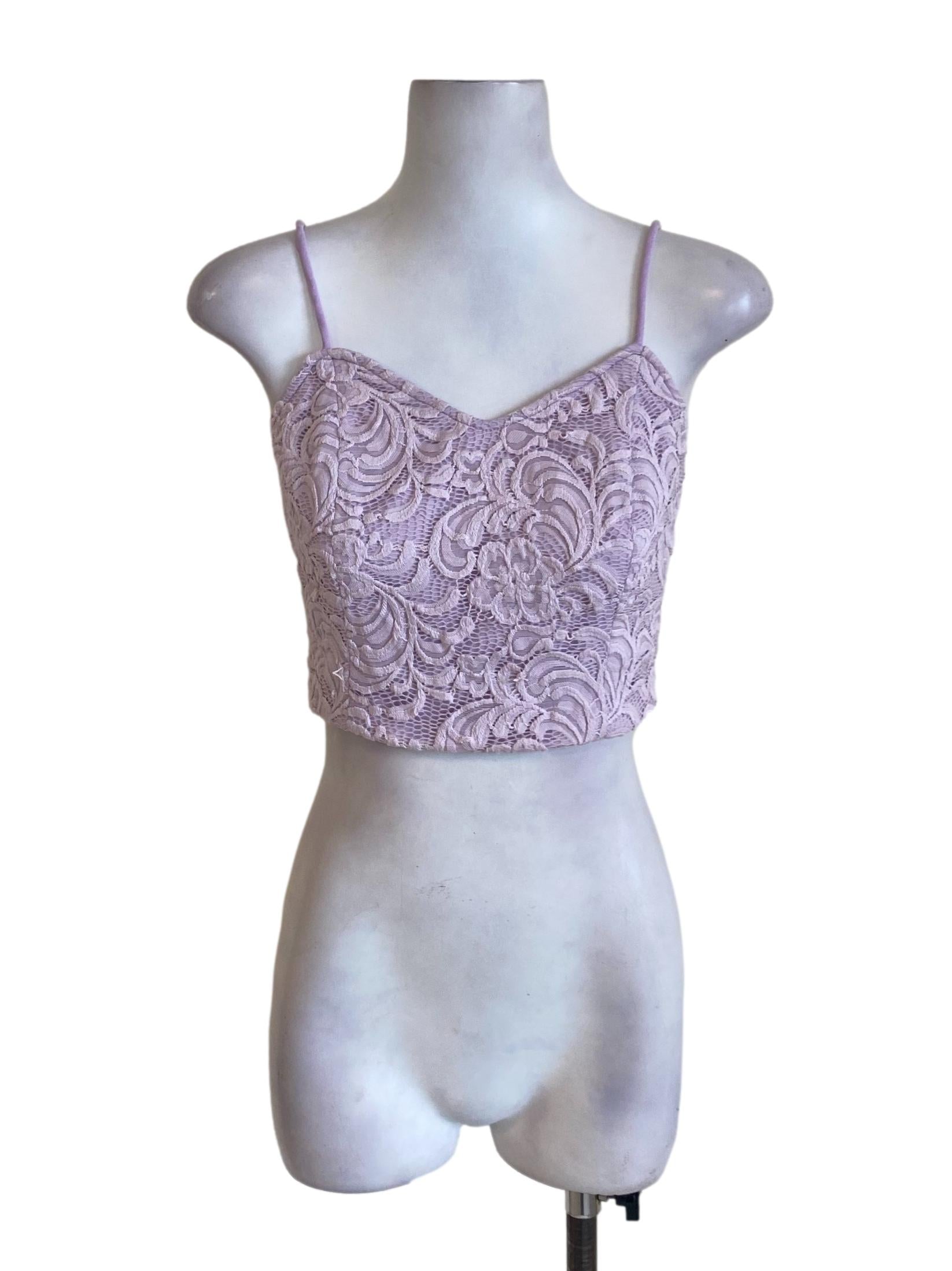 Lilac Purple Floral Laced Sweetheart Neck Spaghetti Strap Cropped Top