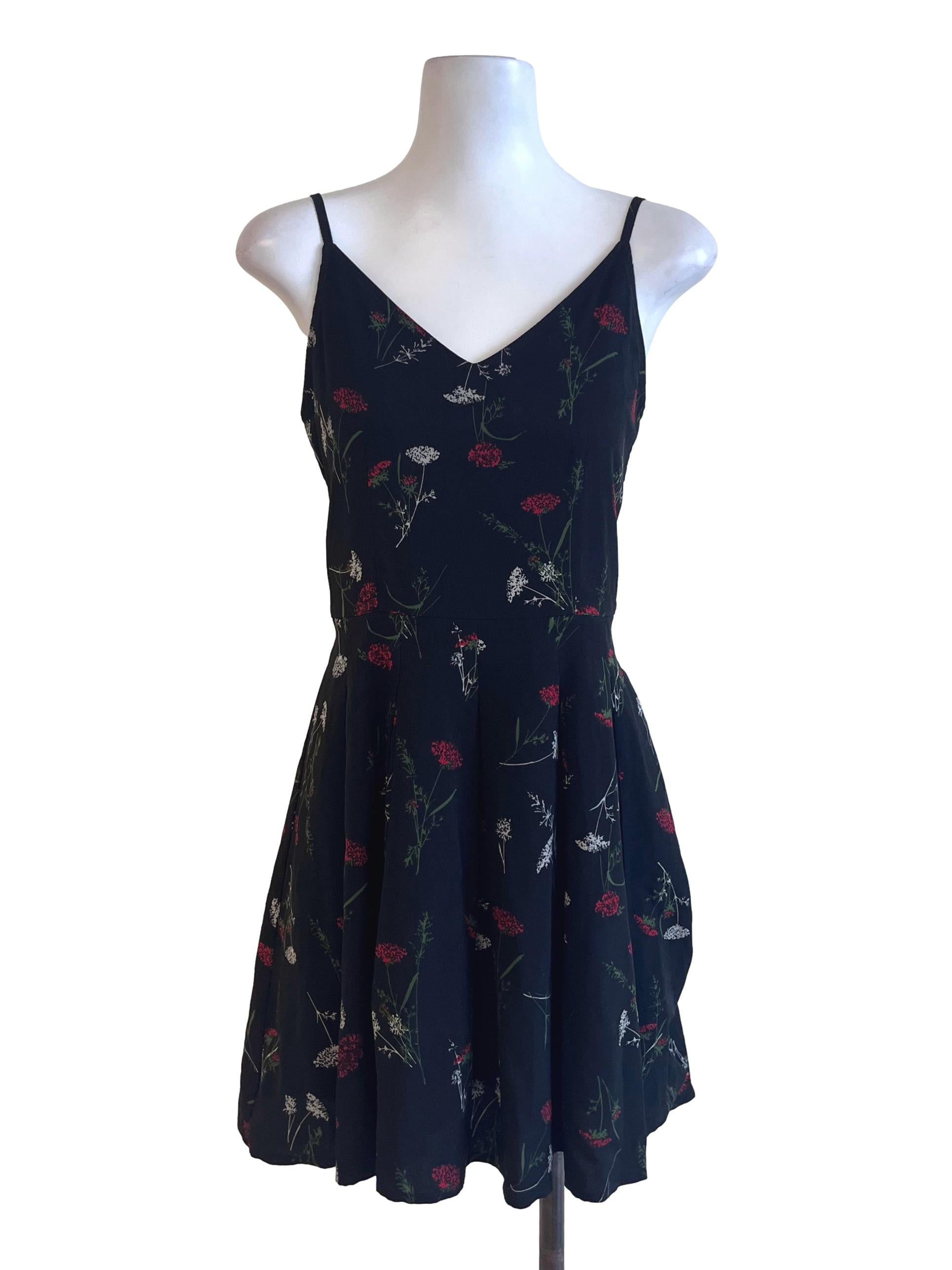 Black Floral Pattern V Neck Sundress